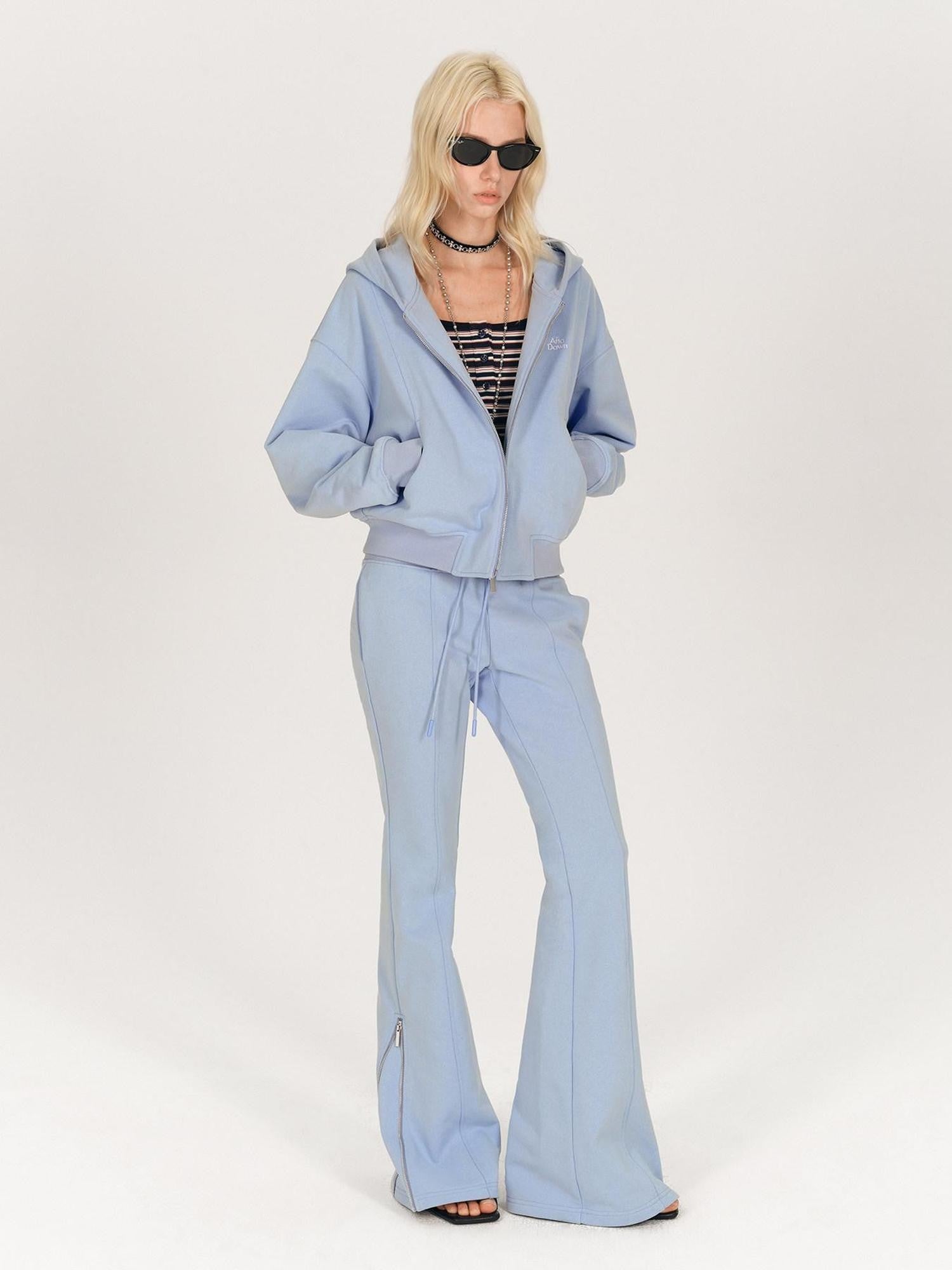 AFTADAWN Solid Hooded Zip Jacket Micro Flare Pants Women&