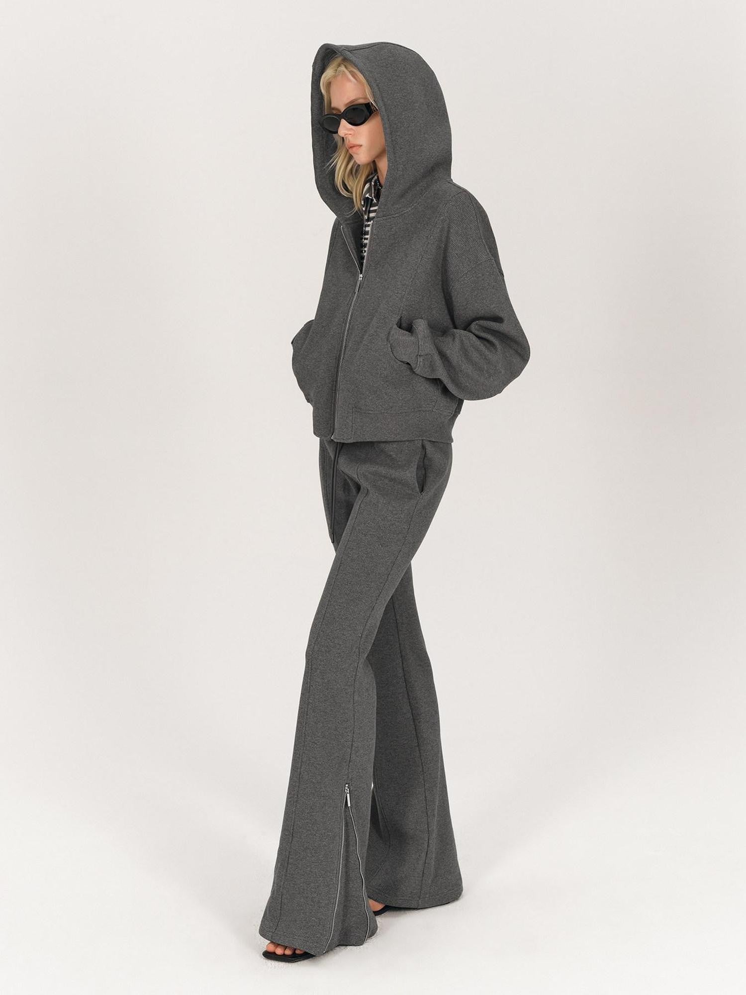 AFTADAWN Solid Hooded Zip Jacket Micro Flare Pants Women&