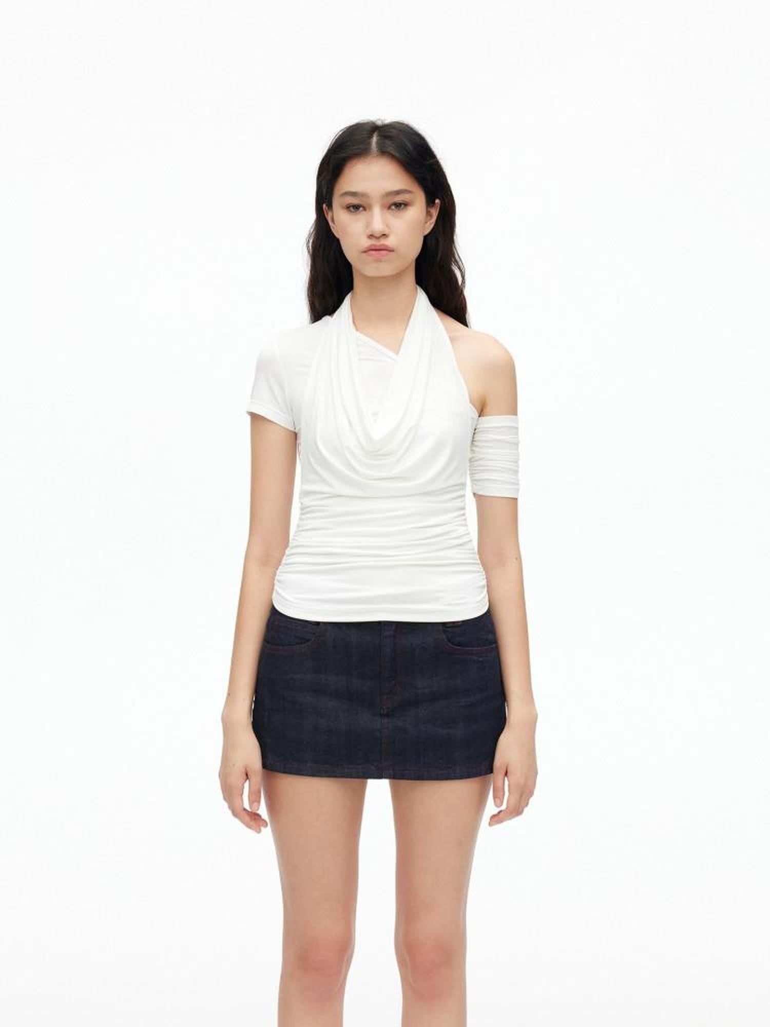 AFTADAWN Solid Ruched Halter Slanted Shoulder Women&