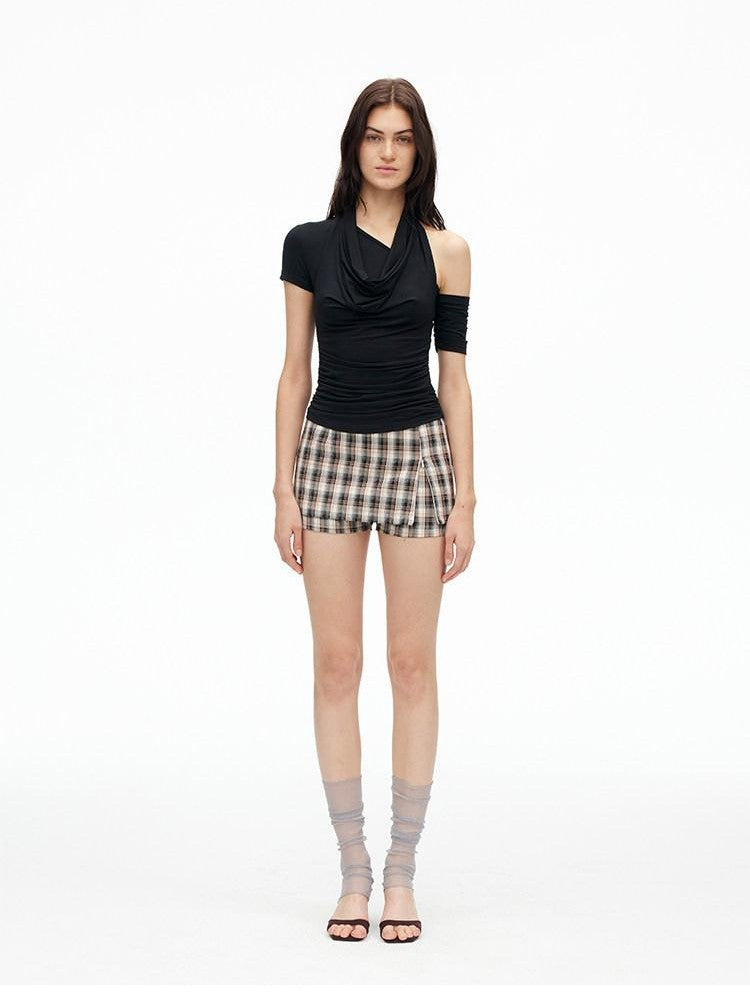 AFTADAWN Solid Ruched Halter Slanted Shoulder Women&