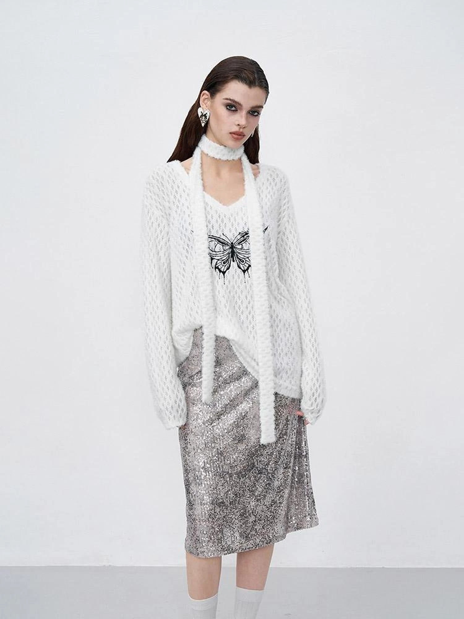 Sparkle Weave Metallic Silver Midi Skirt