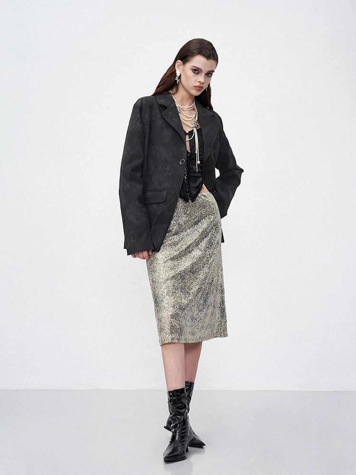 Sparkle Weave Metallic Silver Midi Skirt