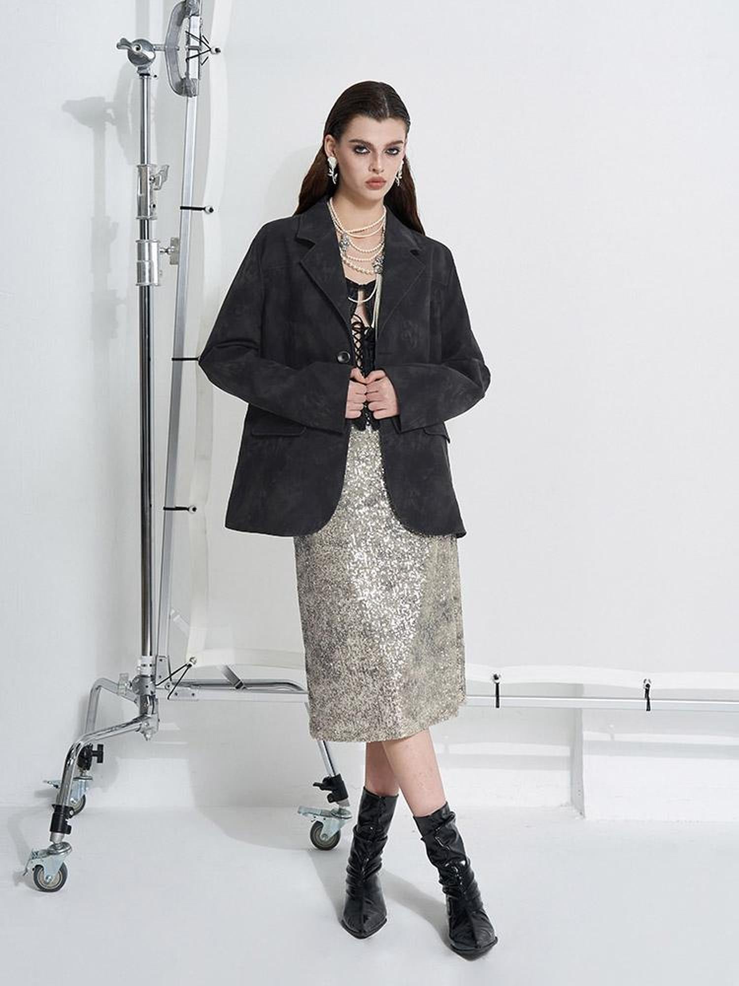 AFTADAWN Sparkle Weave Metallic Silver Midi Skirt
