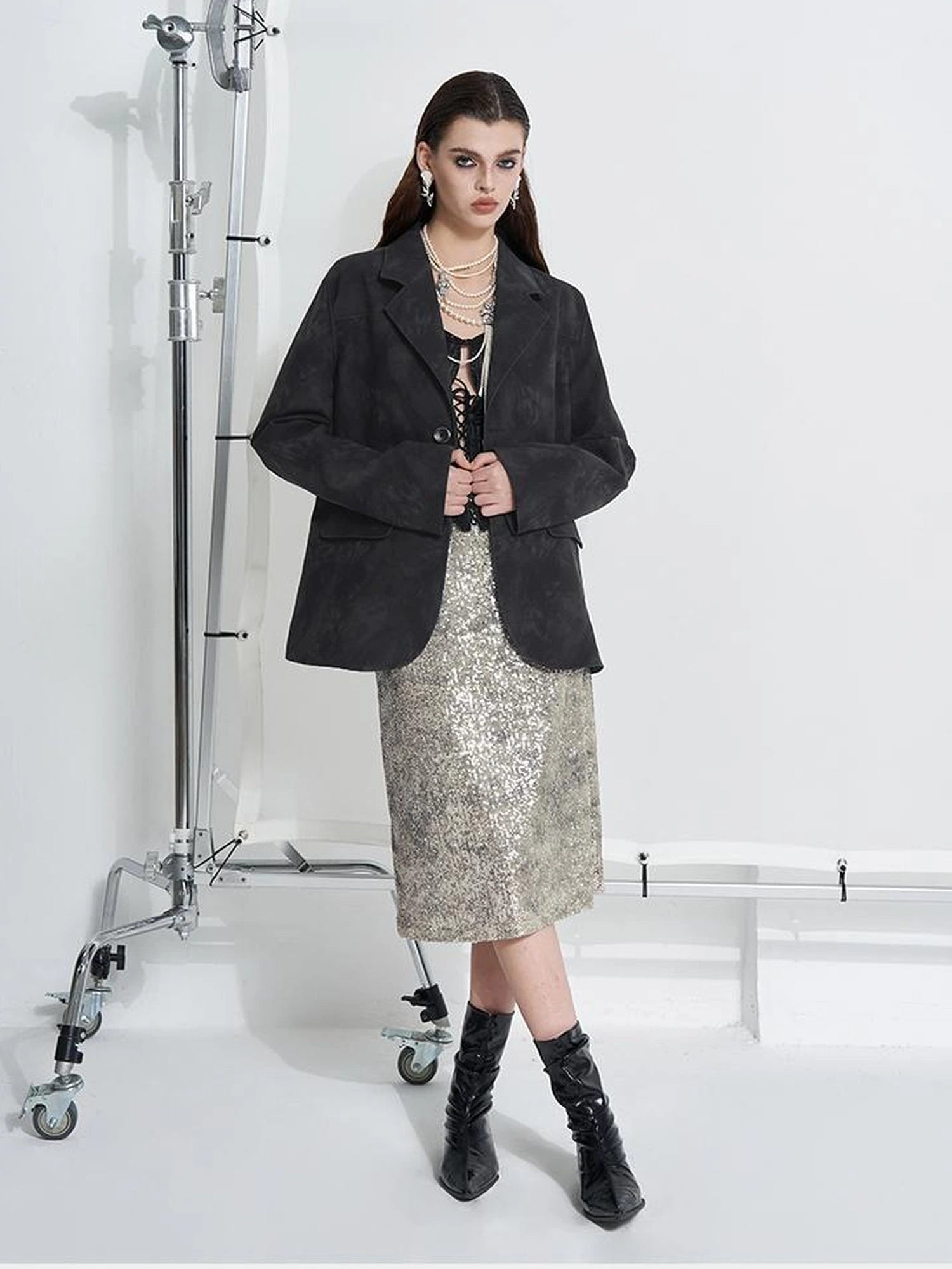 Sparkle Weave Metallic Silver Midi Skirt