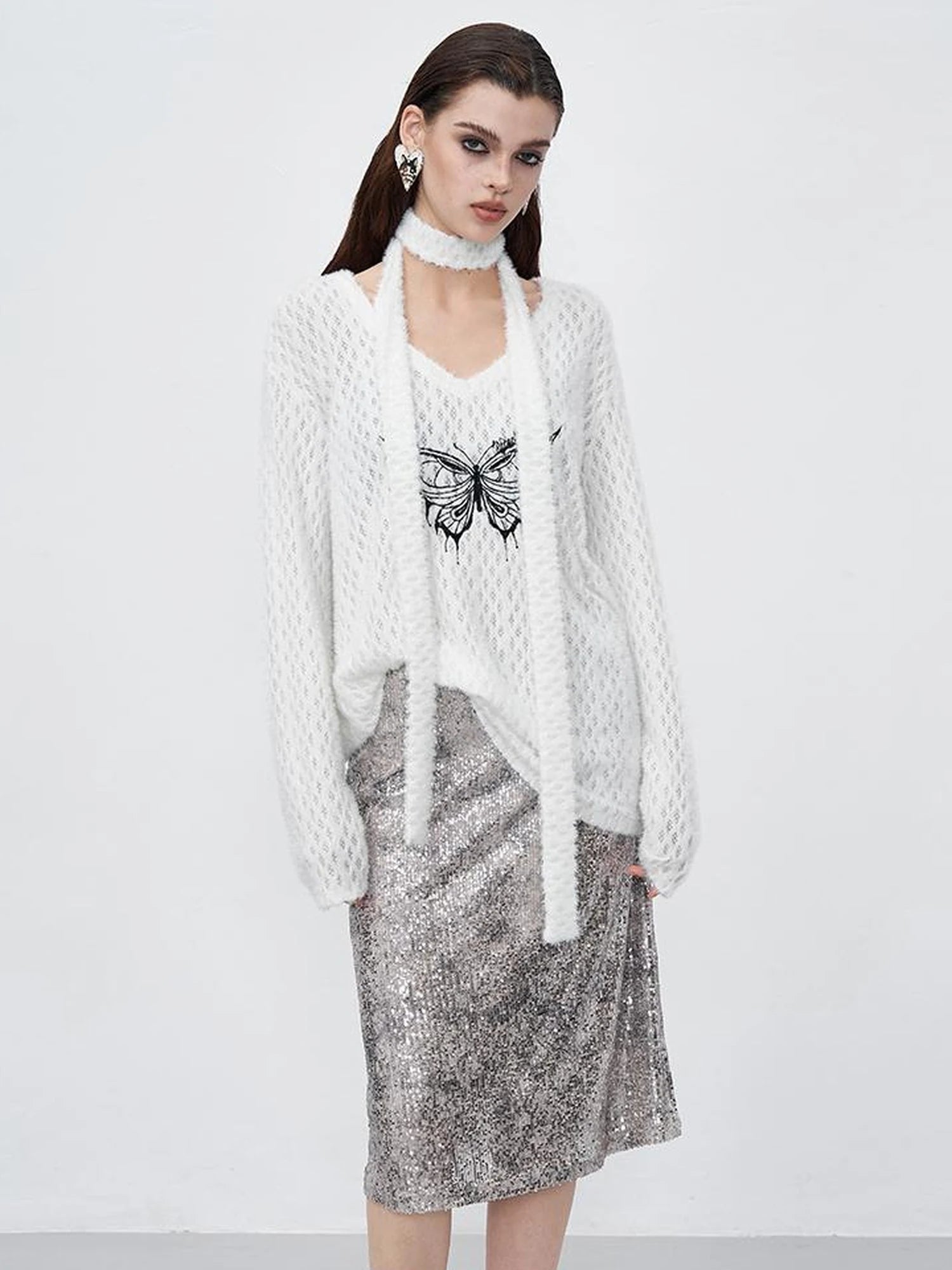 Sparkle Weave Metallic Silver Midi Skirt