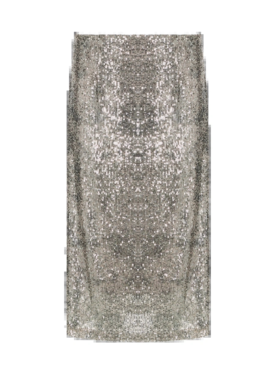 Sparkle Weave Metallic Silver Midi Skirt