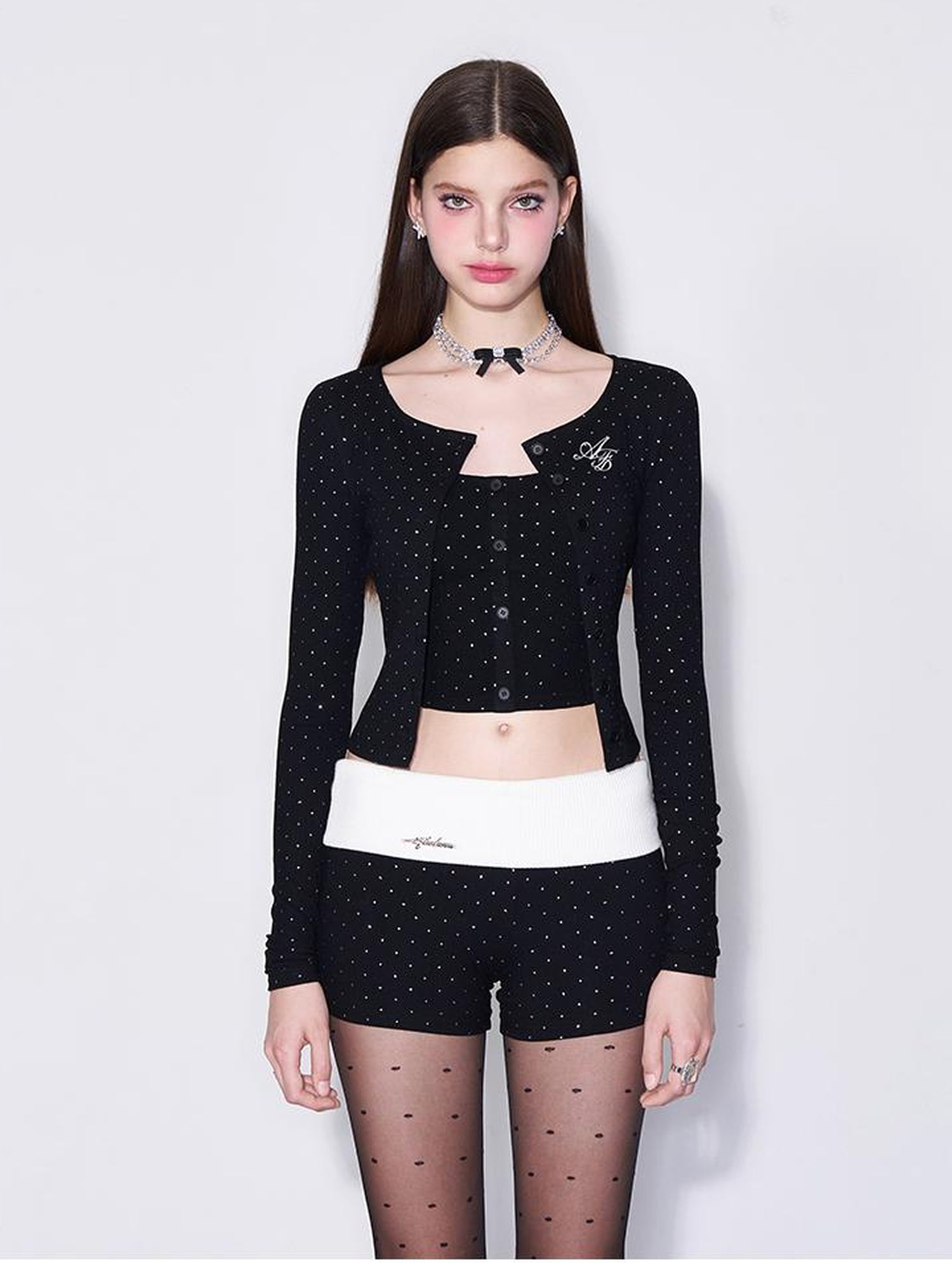 Spring Romance Silver Dot Knit Set V-neck T-shirt Long Sleeve