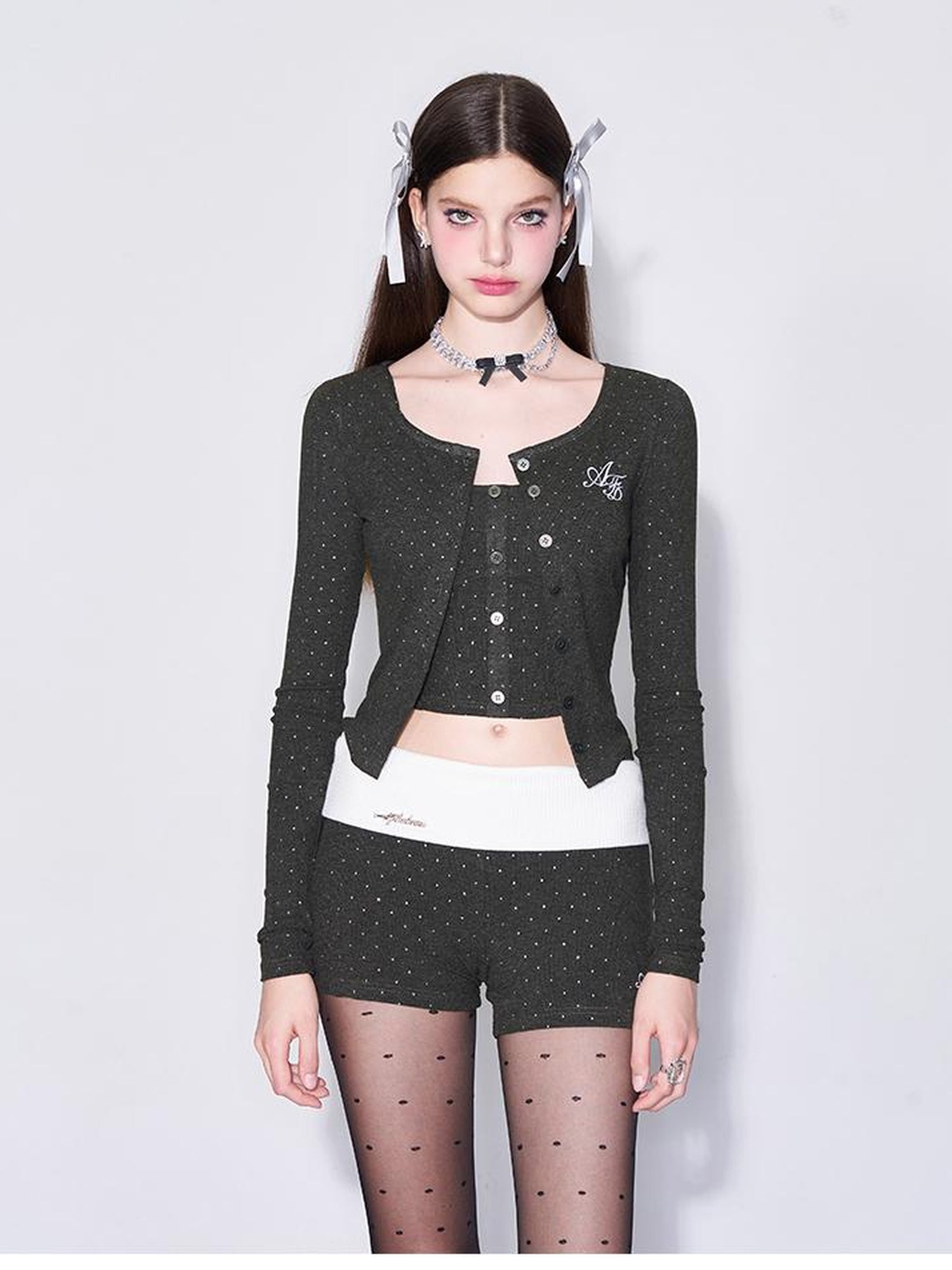 Spring Romance Silver Dot Knit Set V-neck T-shirt Long Sleeve