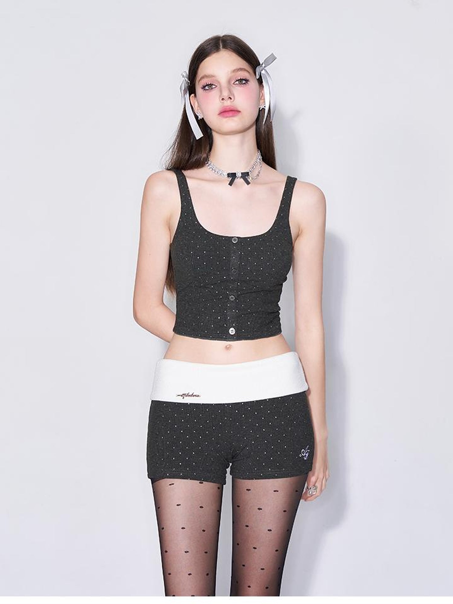 Spring Romance Silver Dot Knit Set V-neck T-shirt Long Sleeve