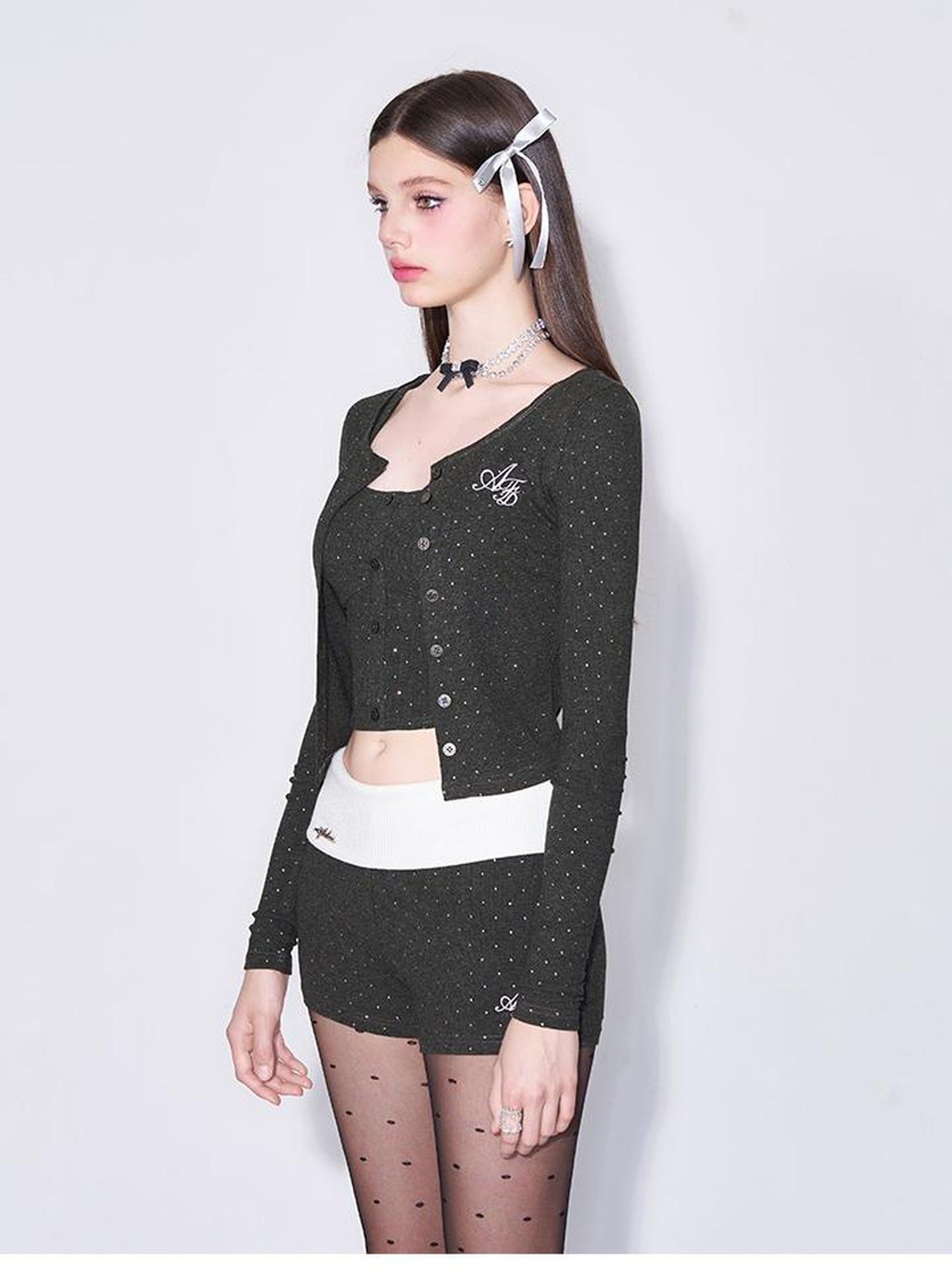 Spring Romance Silver Dot Knit Set V-neck T-shirt Long Sleeve