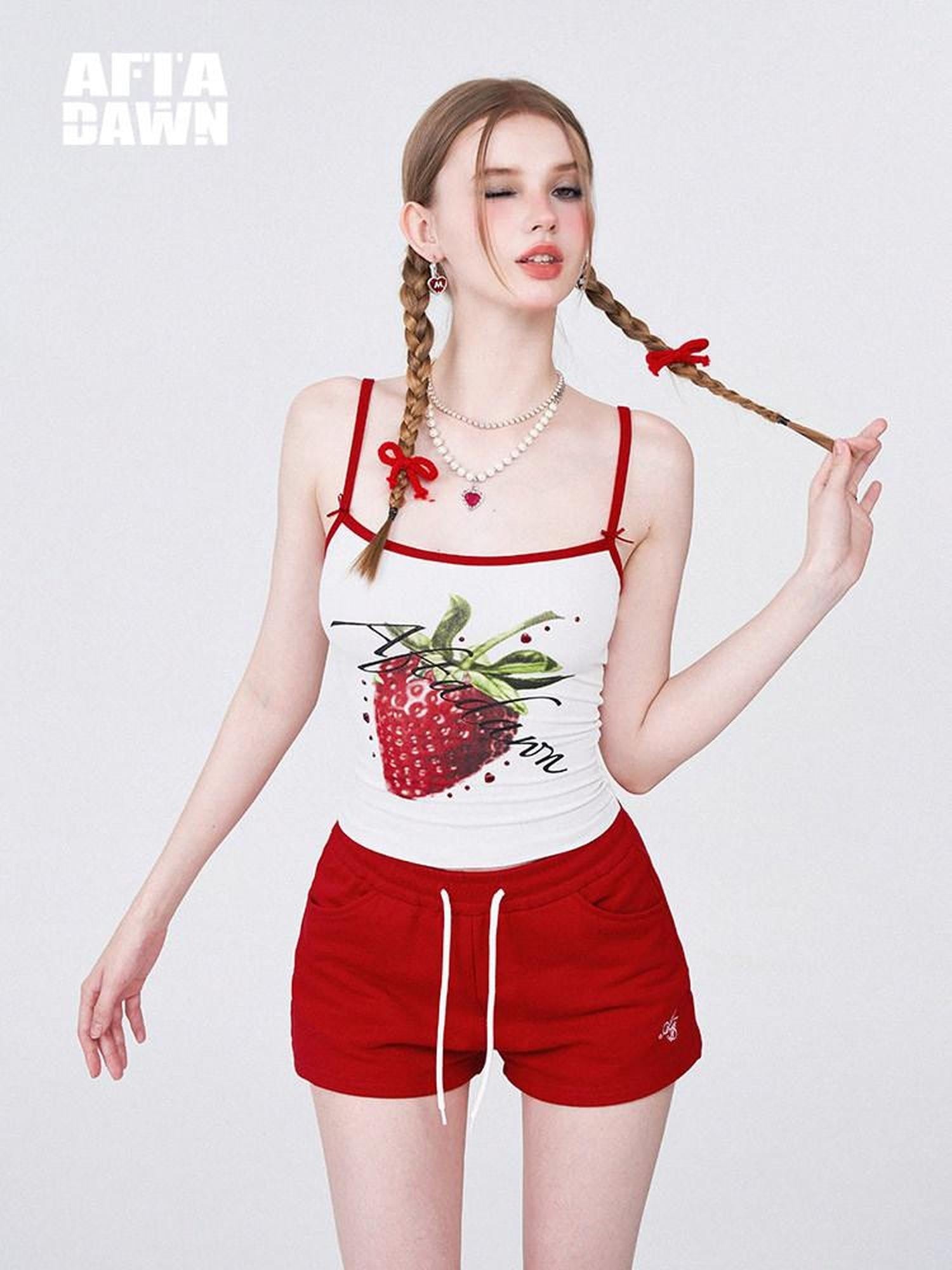 AFTADAWN Strawberry Print Cropped Slim Women&