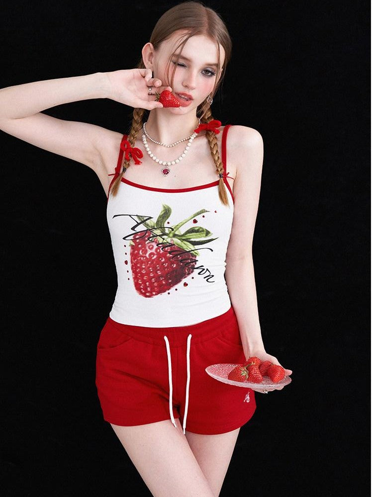 AFTADAWN Strawberry Print Cropped Slim Women&