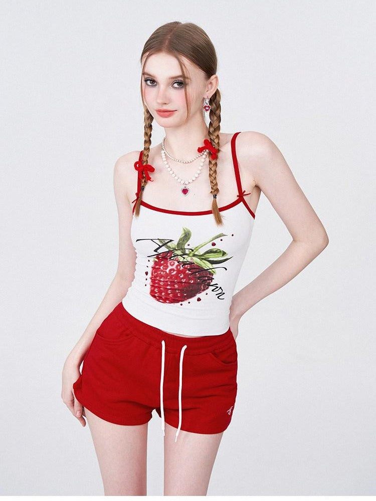 AFTADAWN Strawberry Print Cropped Slim Women&