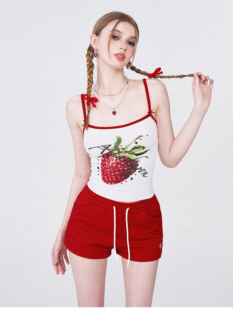 AFTADAWN Strawberry Print Cropped Slim Women&