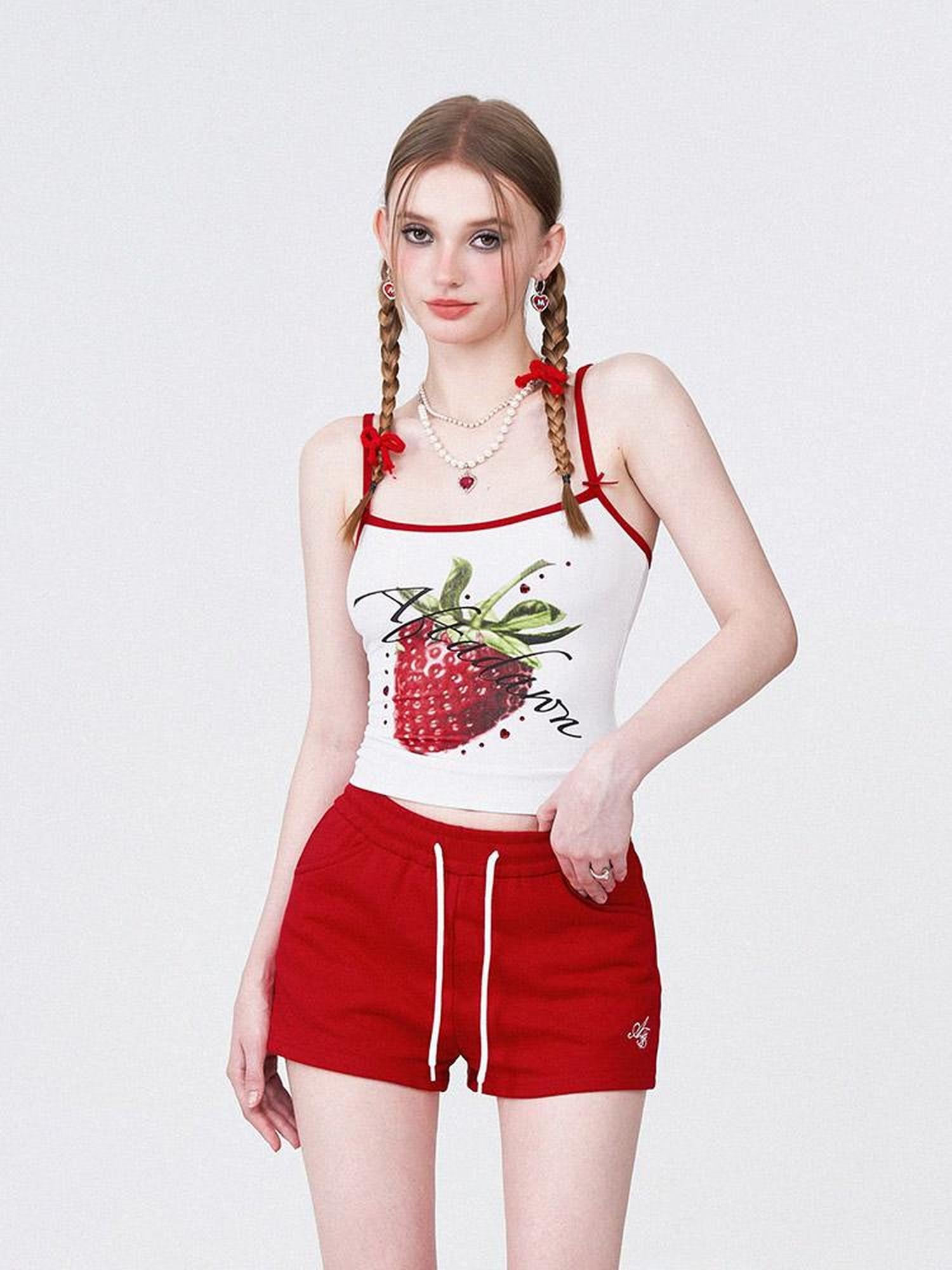 AFTADAWN Strawberry Print Strap Top And Cotton Shorts Set