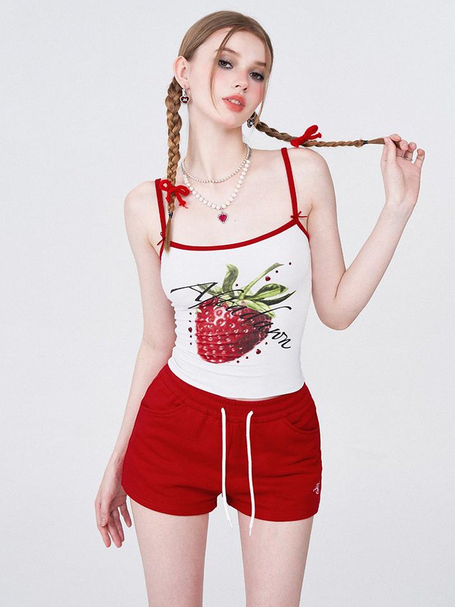 AFTADAWN Strawberry Print Strap Top And Cotton Shorts Set