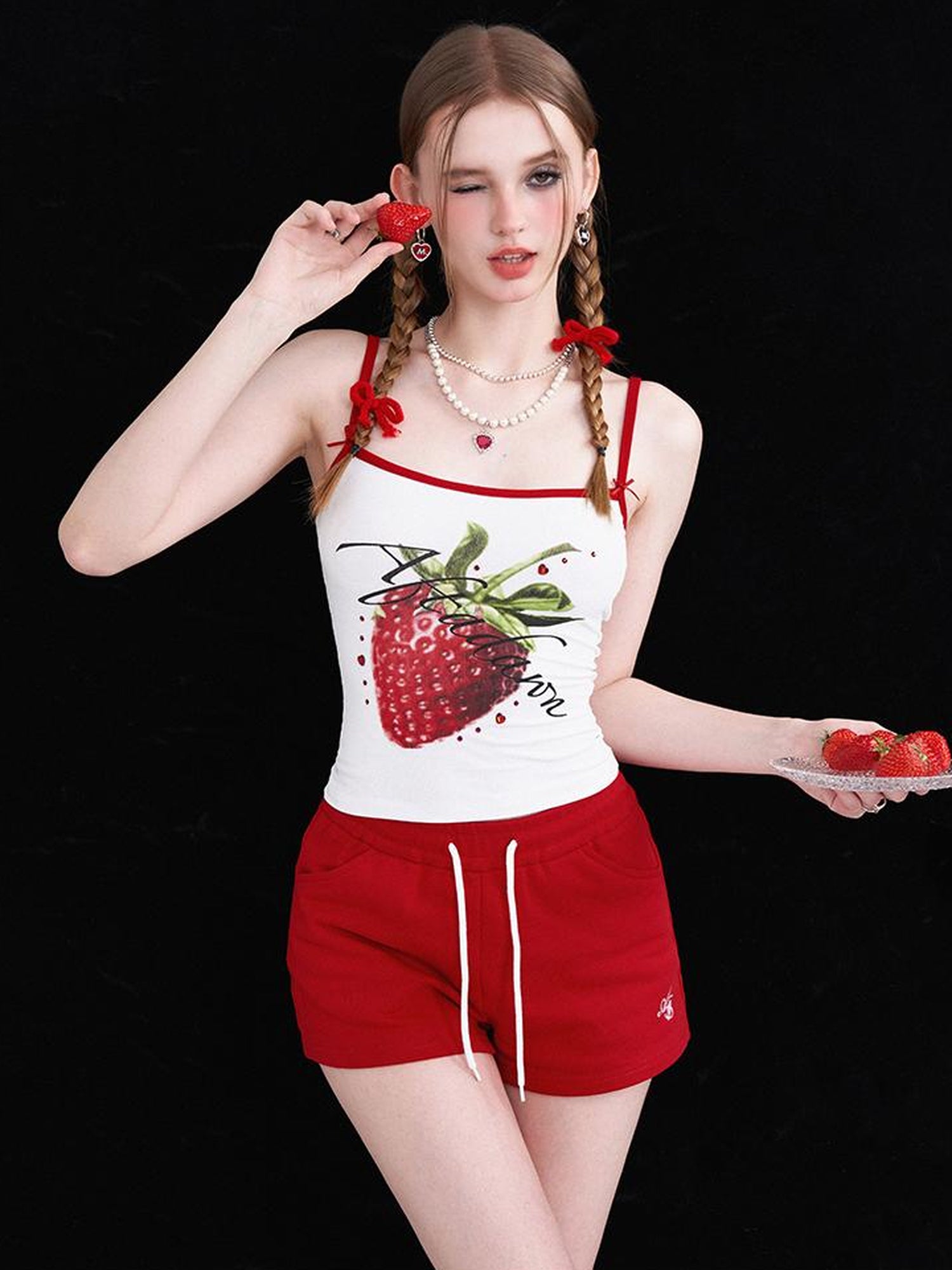 AFTADAWN Strawberry Print Strap Top And Cotton Shorts Set