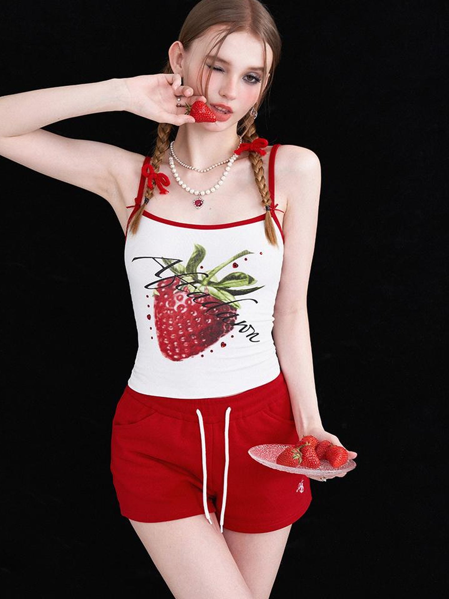 AFTADAWN Strawberry Print Strap Top And Cotton Shorts Set