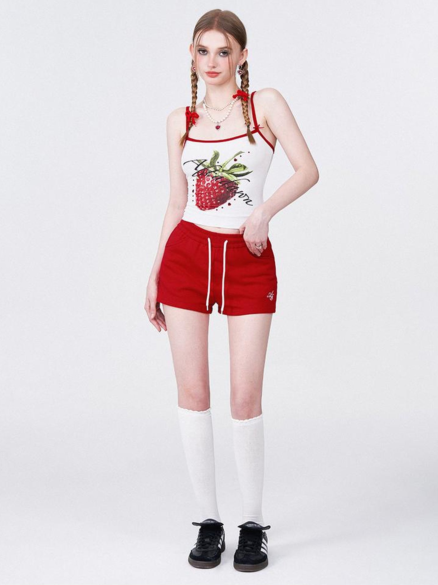 AFTADAWN Strawberry Print Strap Top And Cotton Shorts Set