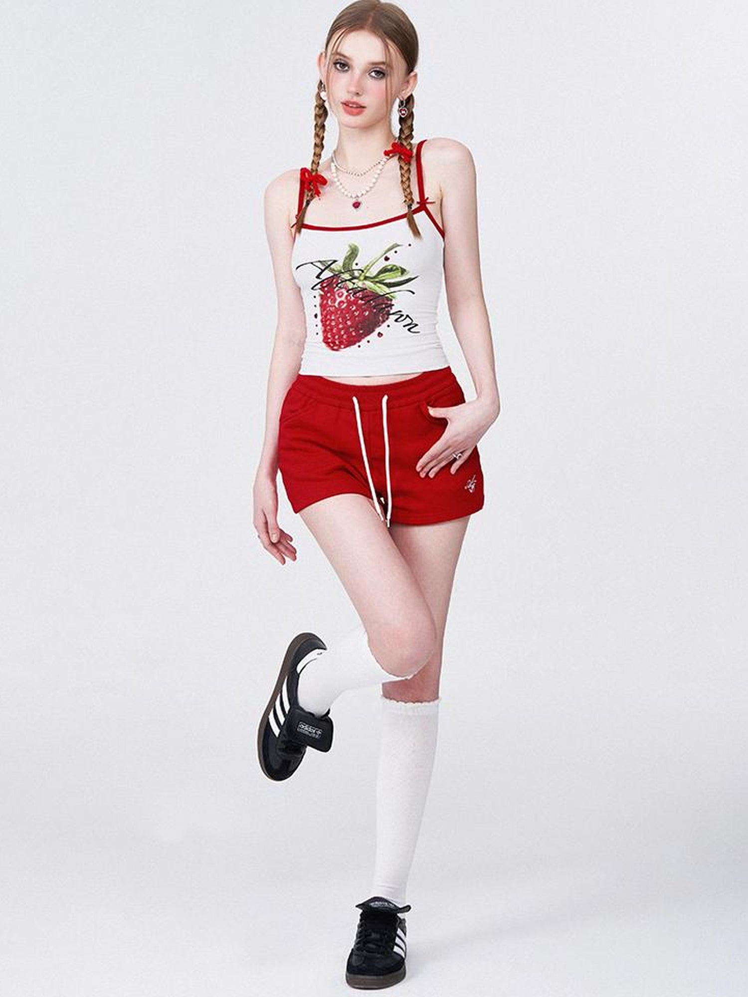 AFTADAWN Strawberry Print Strap Top And Cotton Shorts Set