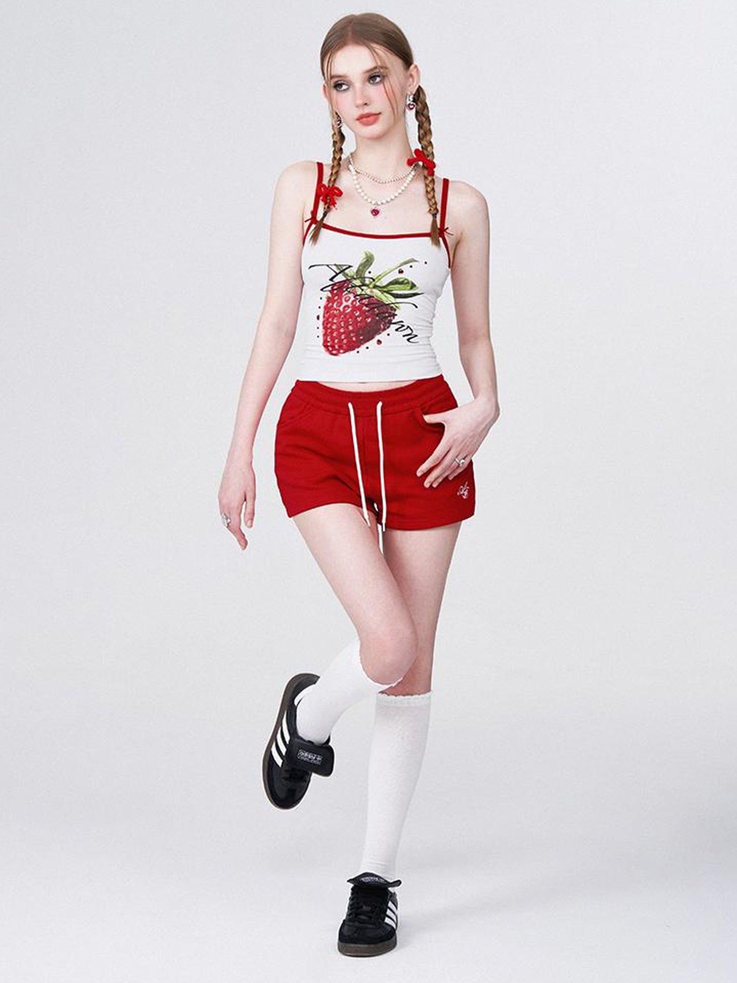 AFTADAWN Strawberry Print Strap Top And Cotton Shorts Set