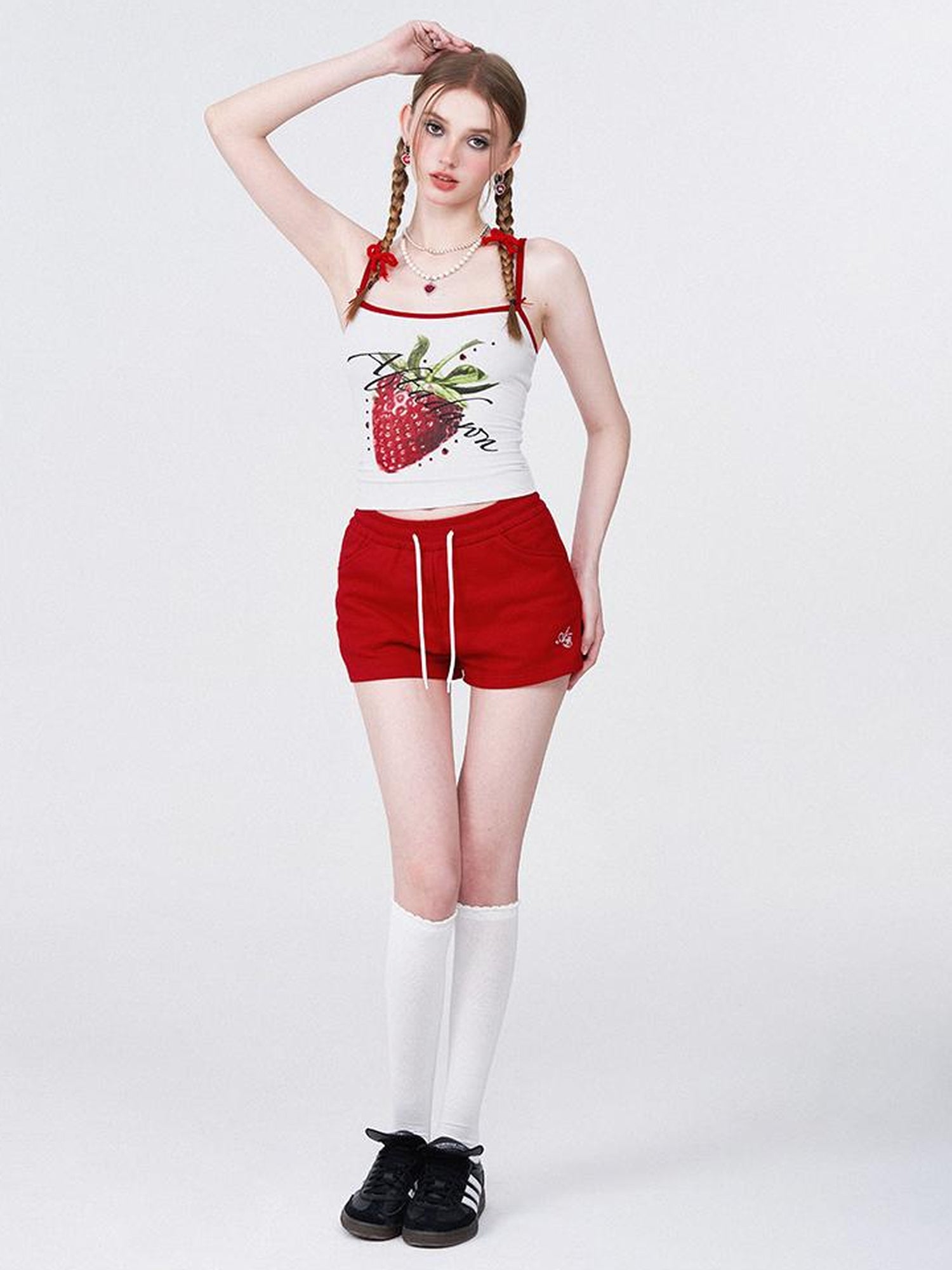 AFTADAWN Strawberry Print Strap Top And Cotton Shorts Set