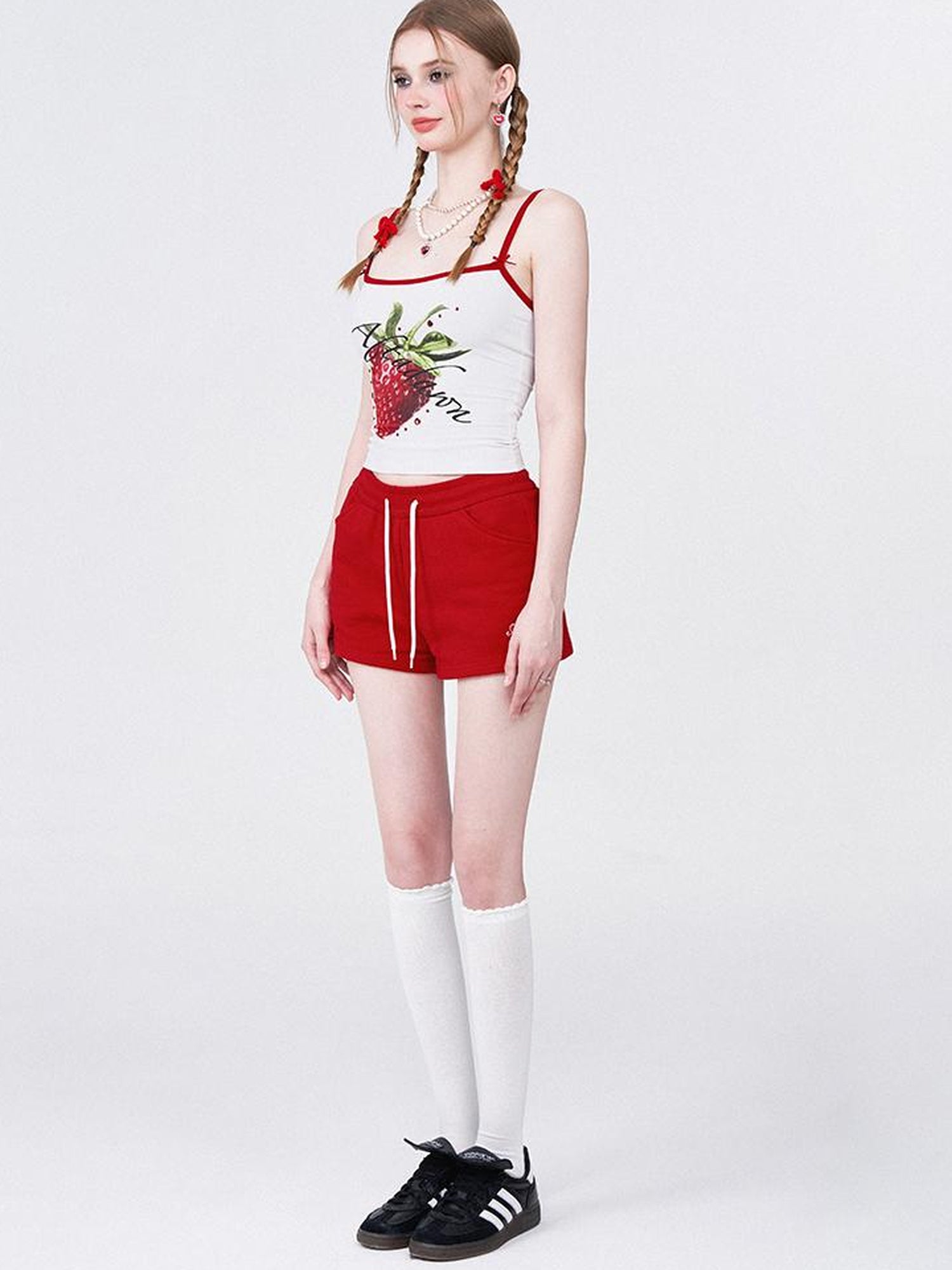 AFTADAWN Strawberry Print Strap Top And Cotton Shorts Set