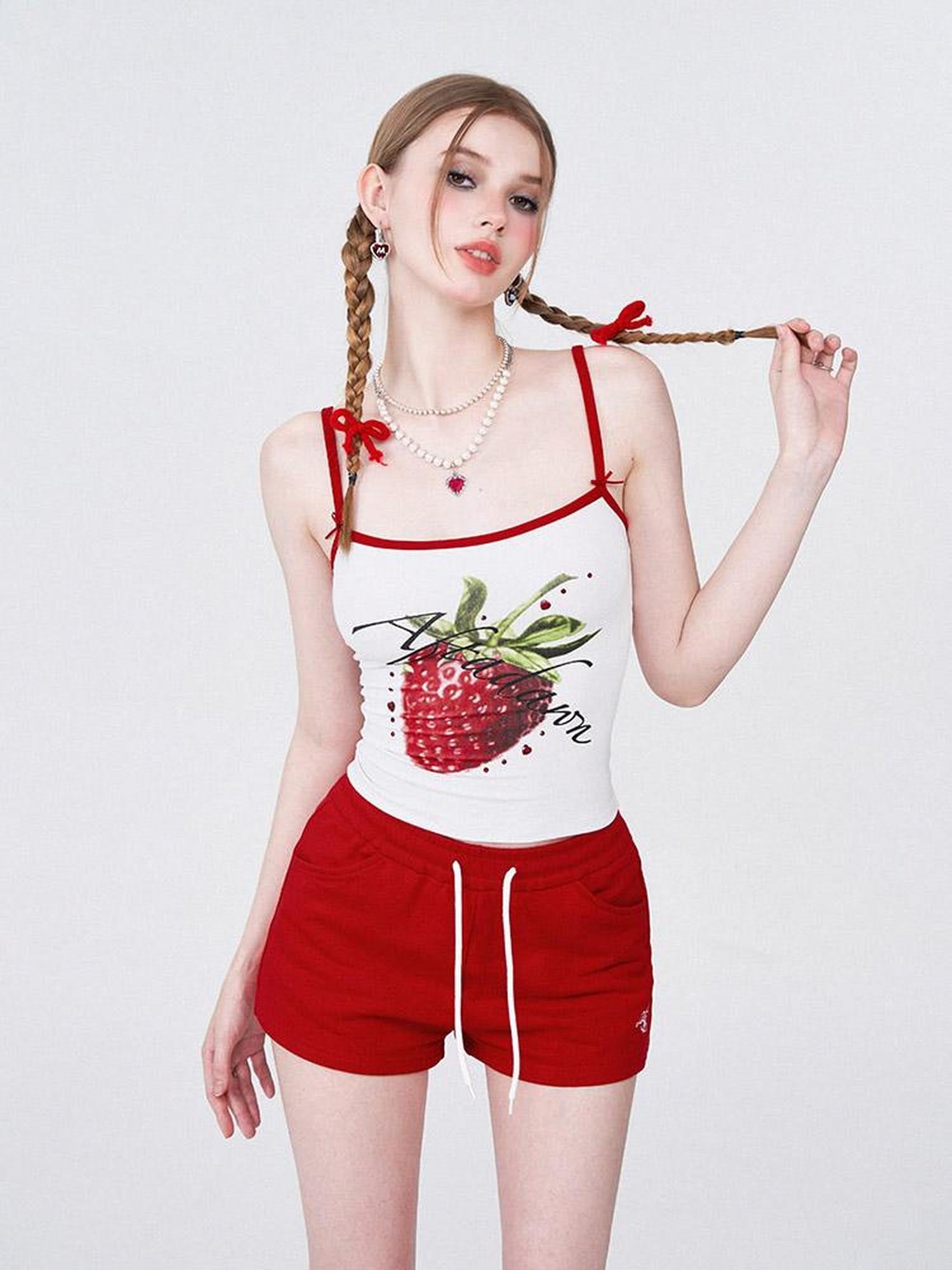 AFTADAWN Strawberry Print Strap Top And Cotton Shorts Set