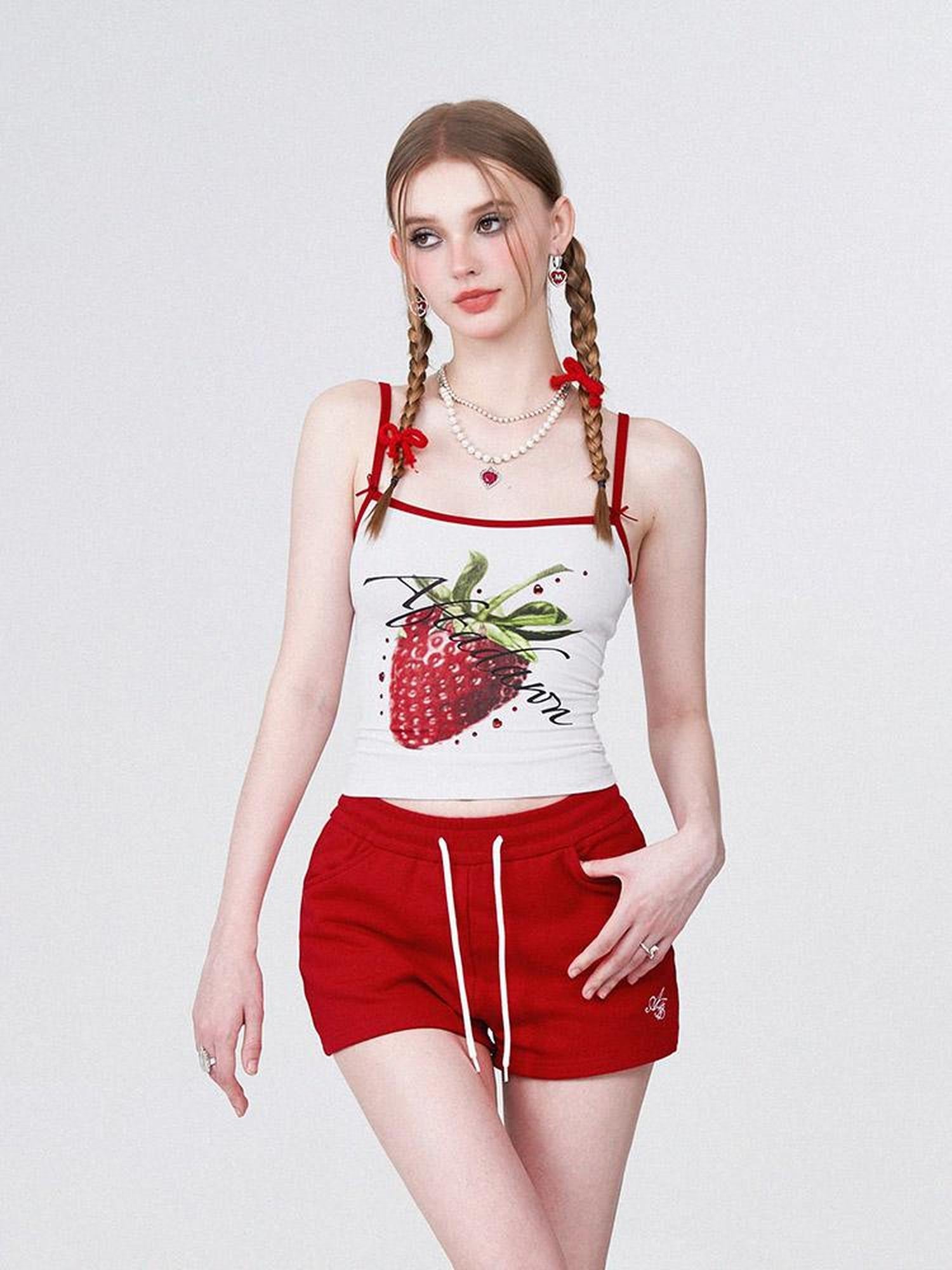 AFTADAWN Strawberry Print Strap Top And Cotton Shorts Set
