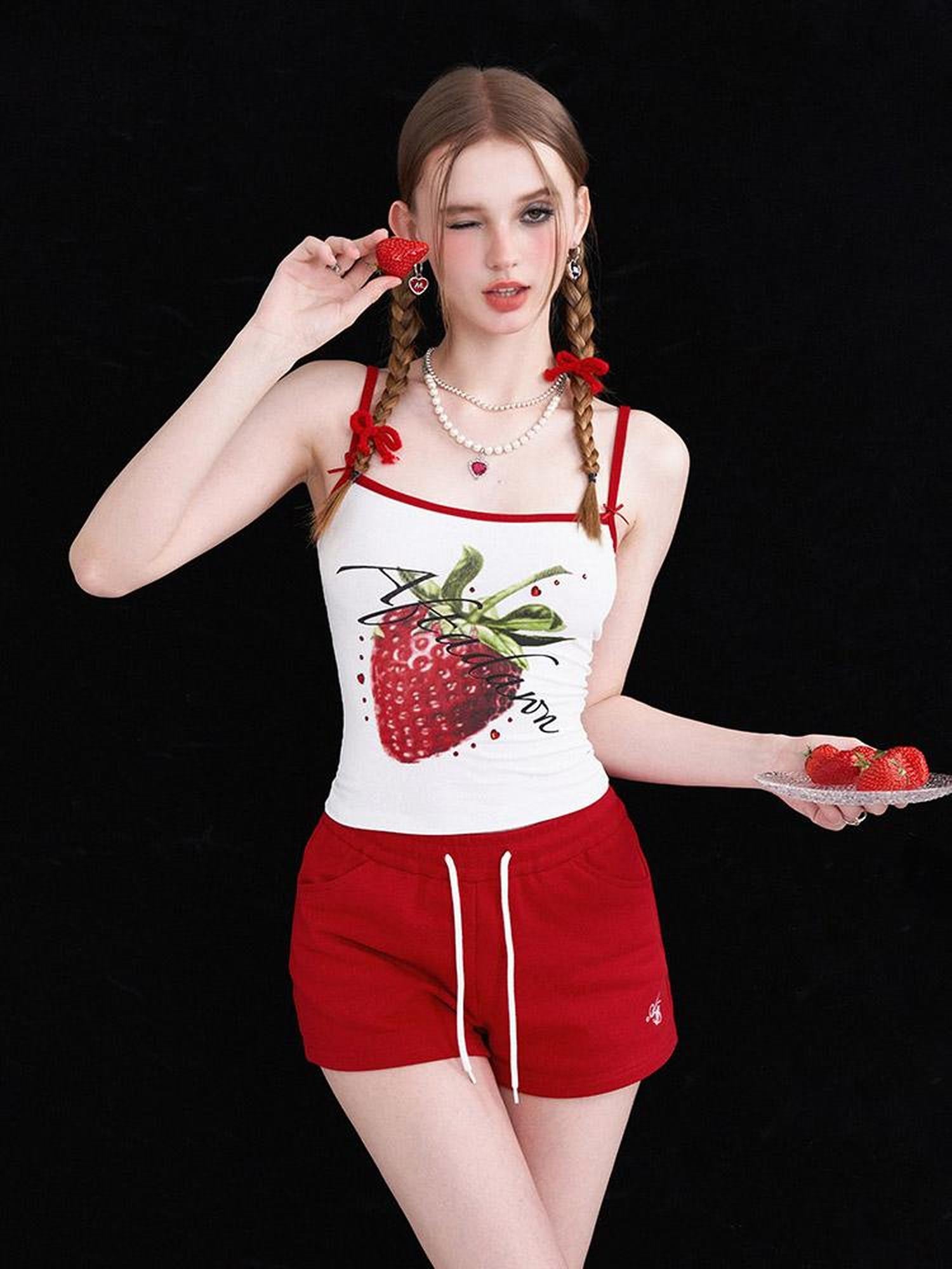 AFTADAWN Strawberry Print Strap Top And Cotton Shorts Set