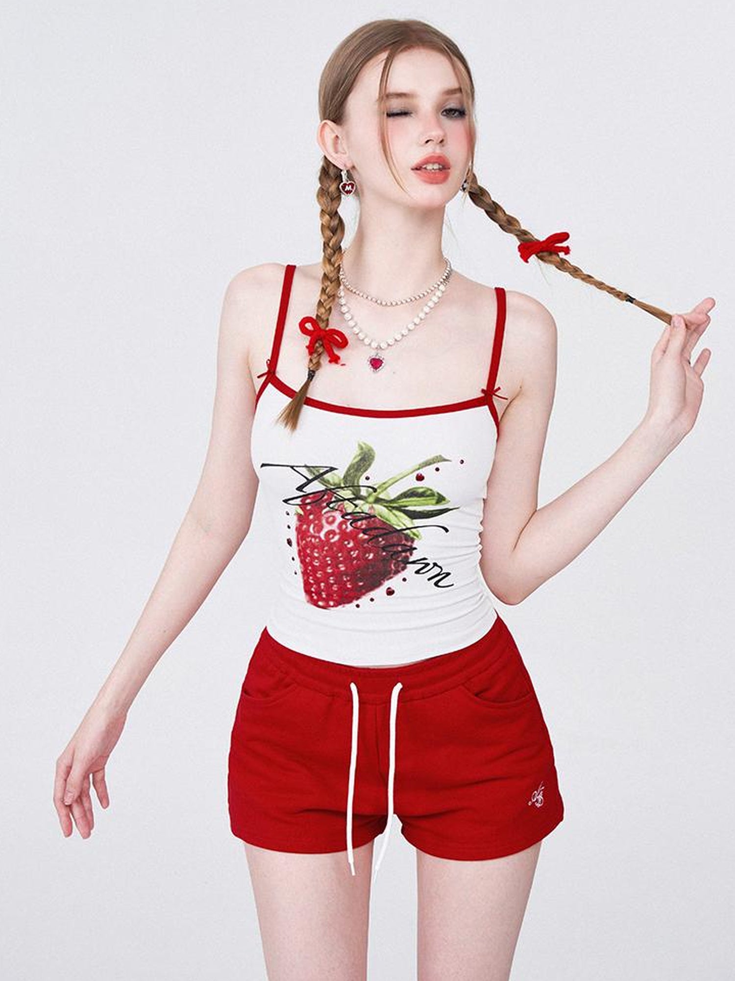 AFTADAWN Strawberry Print Strap Top And Cotton Shorts Set