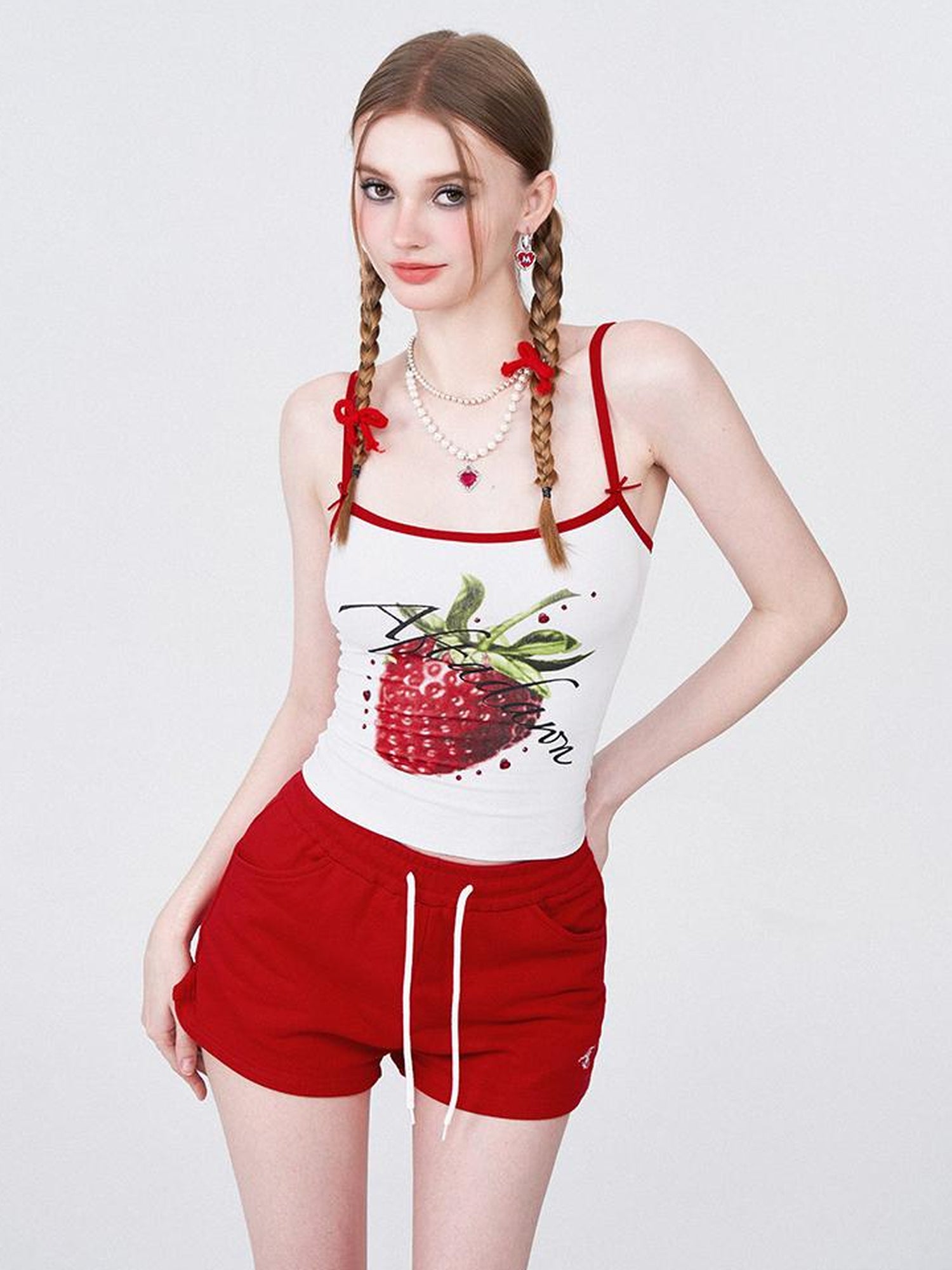 AFTADAWN Strawberry Print Strap Top And Cotton Shorts Set