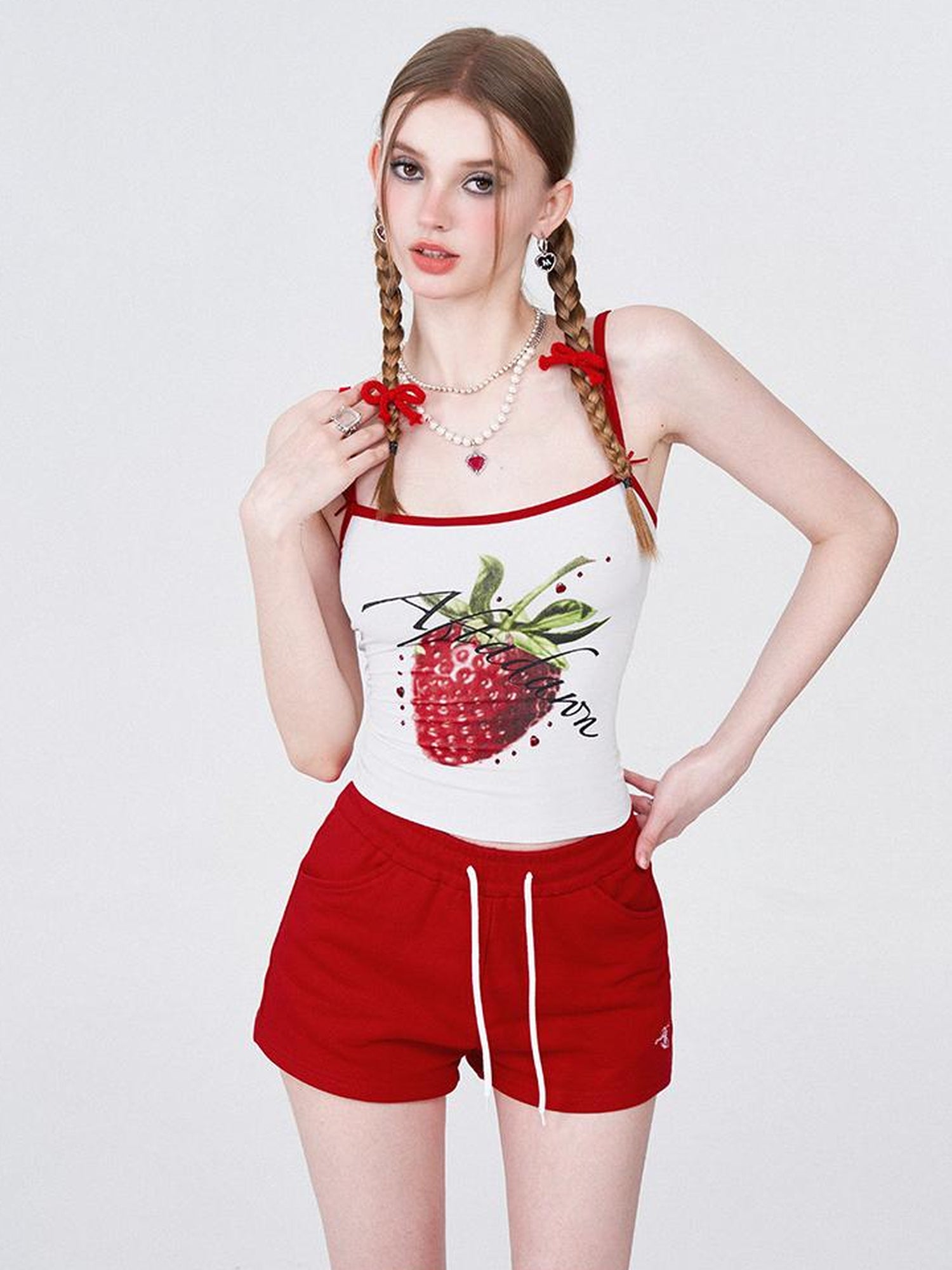 AFTADAWN Strawberry Print Strap Top And Cotton Shorts Set