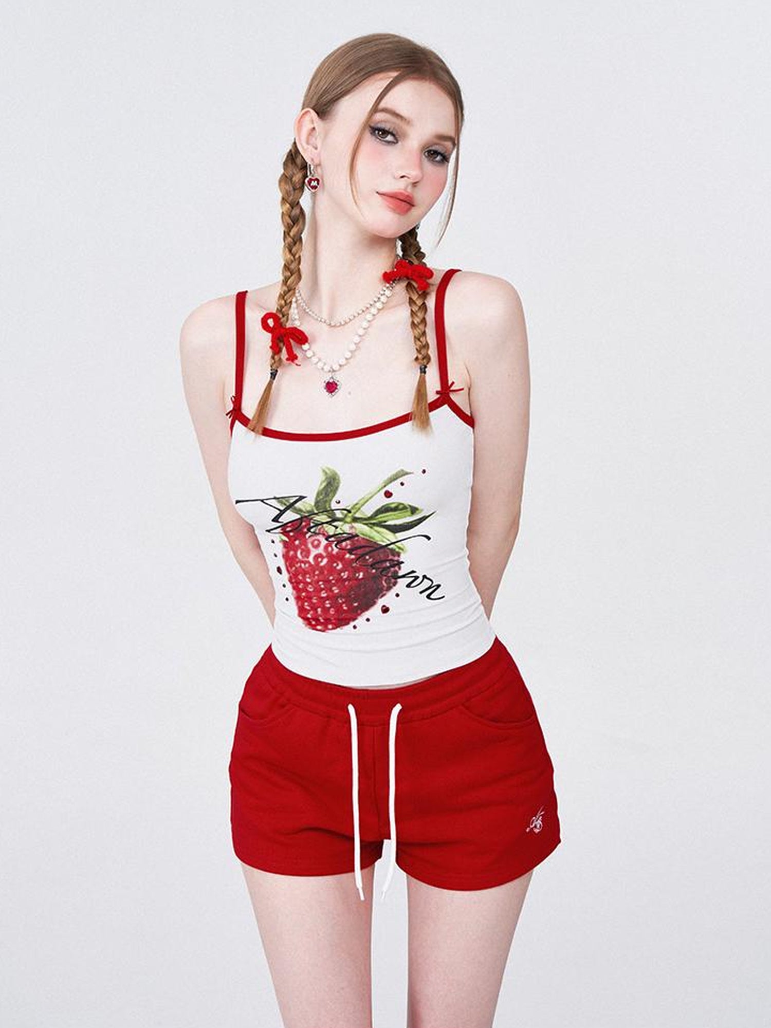 AFTADAWN Strawberry Print Strap Top And Cotton Shorts Set