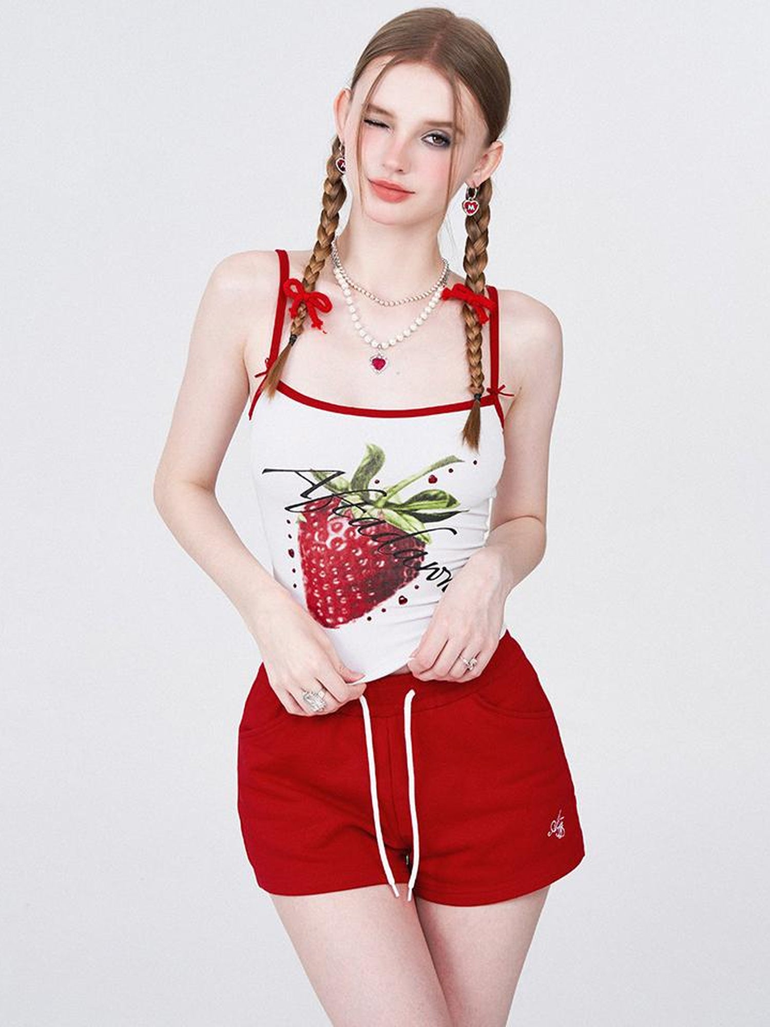 AFTADAWN Strawberry Print Strap Top And Cotton Shorts Set
