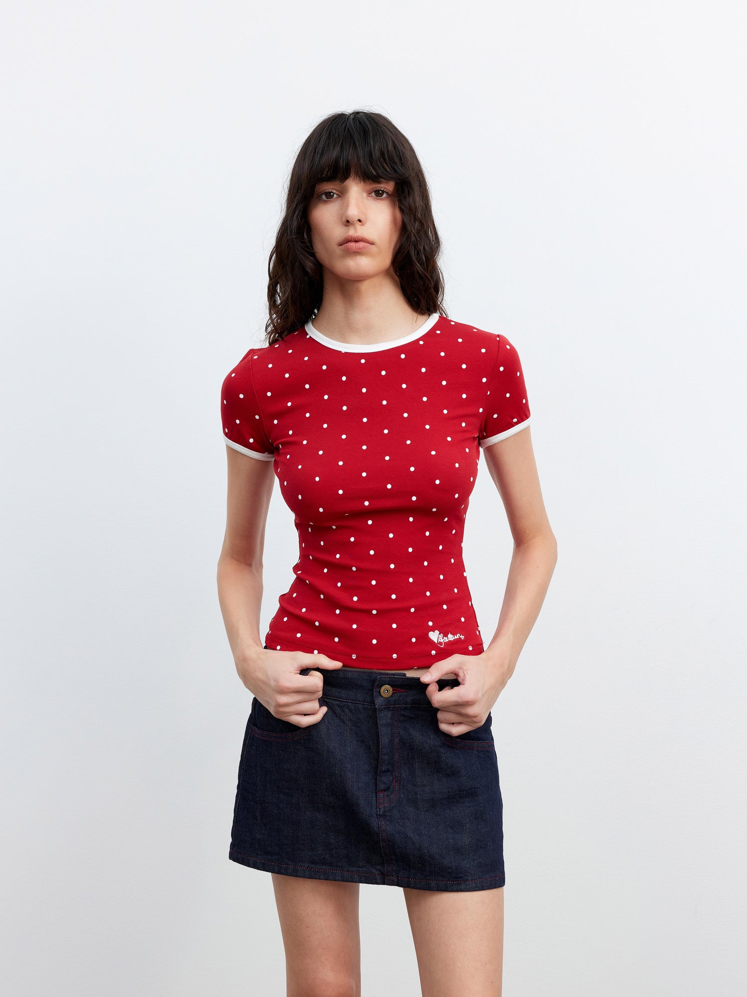 AFTADAWN Stretch Cotton Contrast Dot Round Neck Fitted Tee