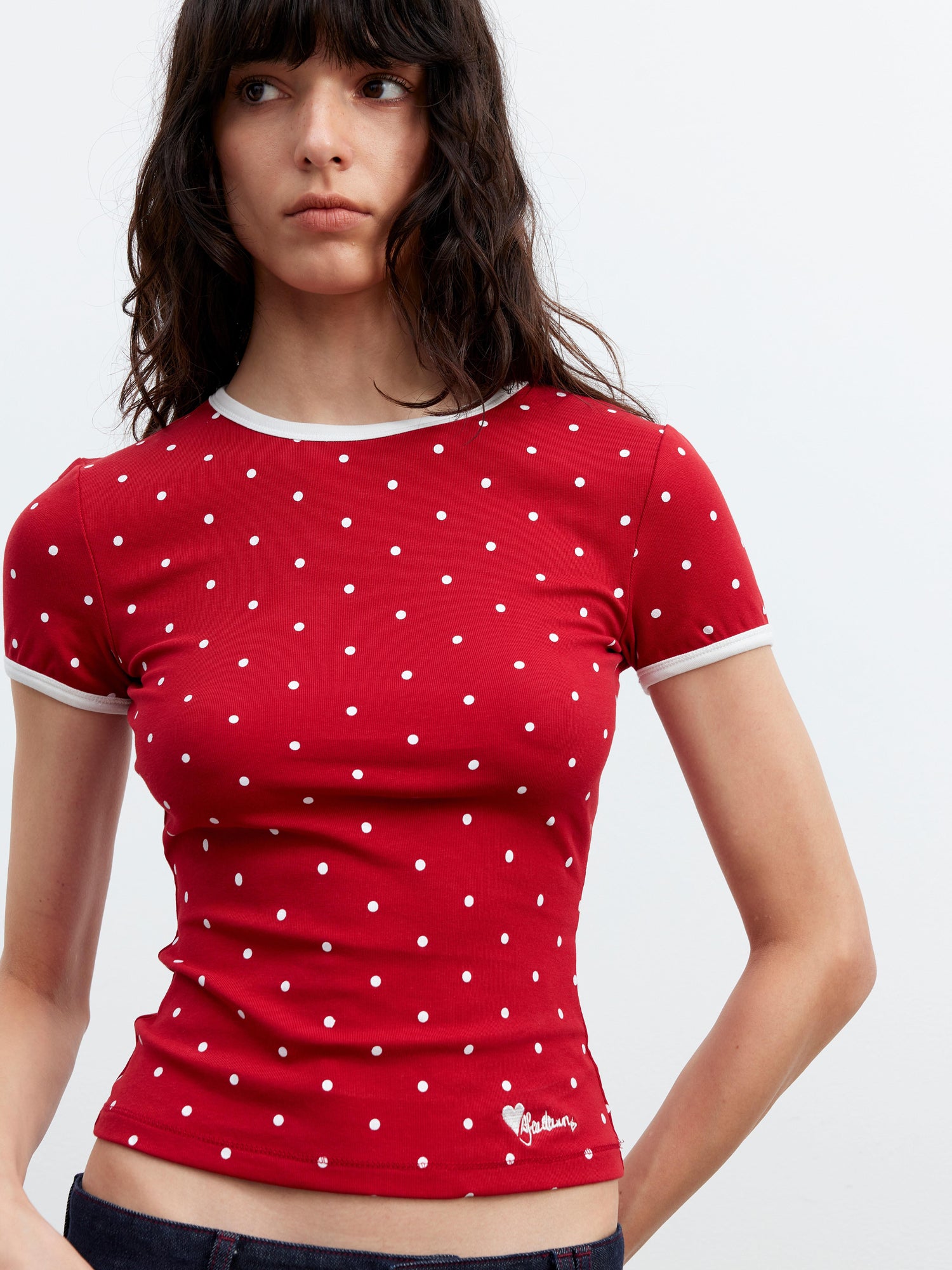 AFTADAWN Stretch Cotton Contrast Dot Round Neck Fitted Tee