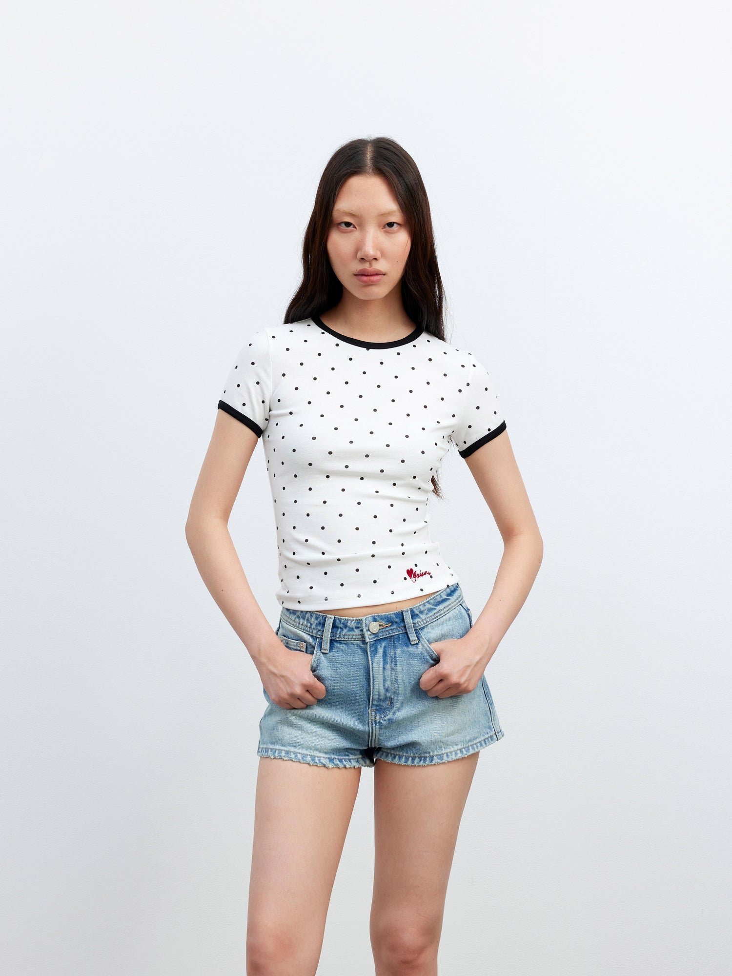 AFTADAWN Stretch Cotton Contrast Dot Round Neck Fitted Tee