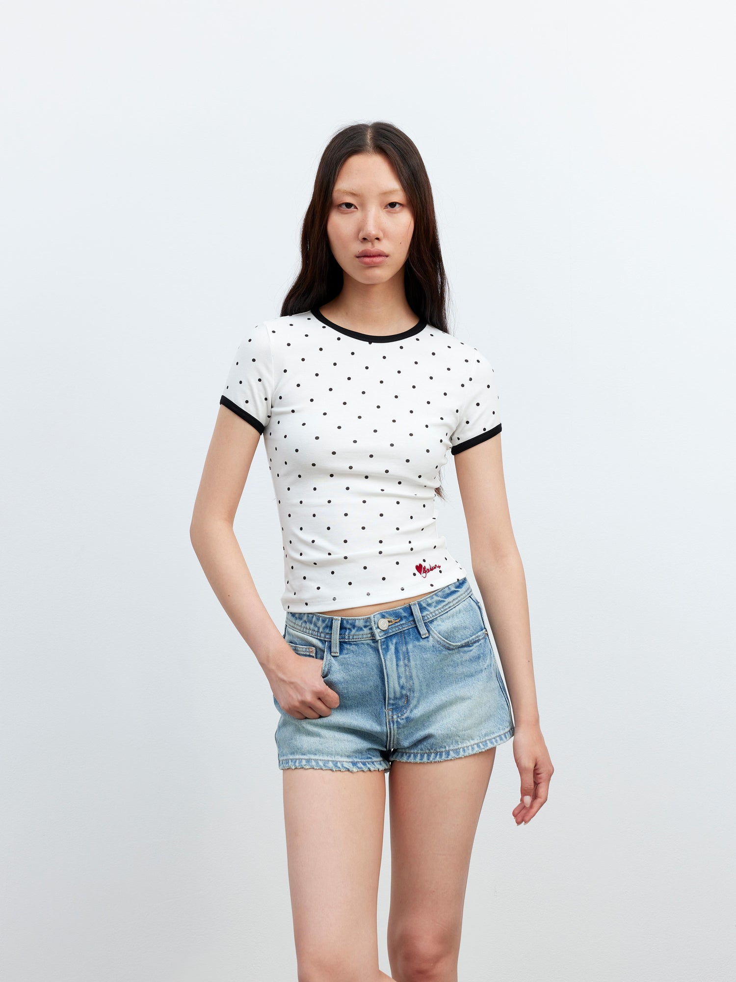 AFTADAWN Stretch Cotton Contrast Dot Round Neck Fitted Tee