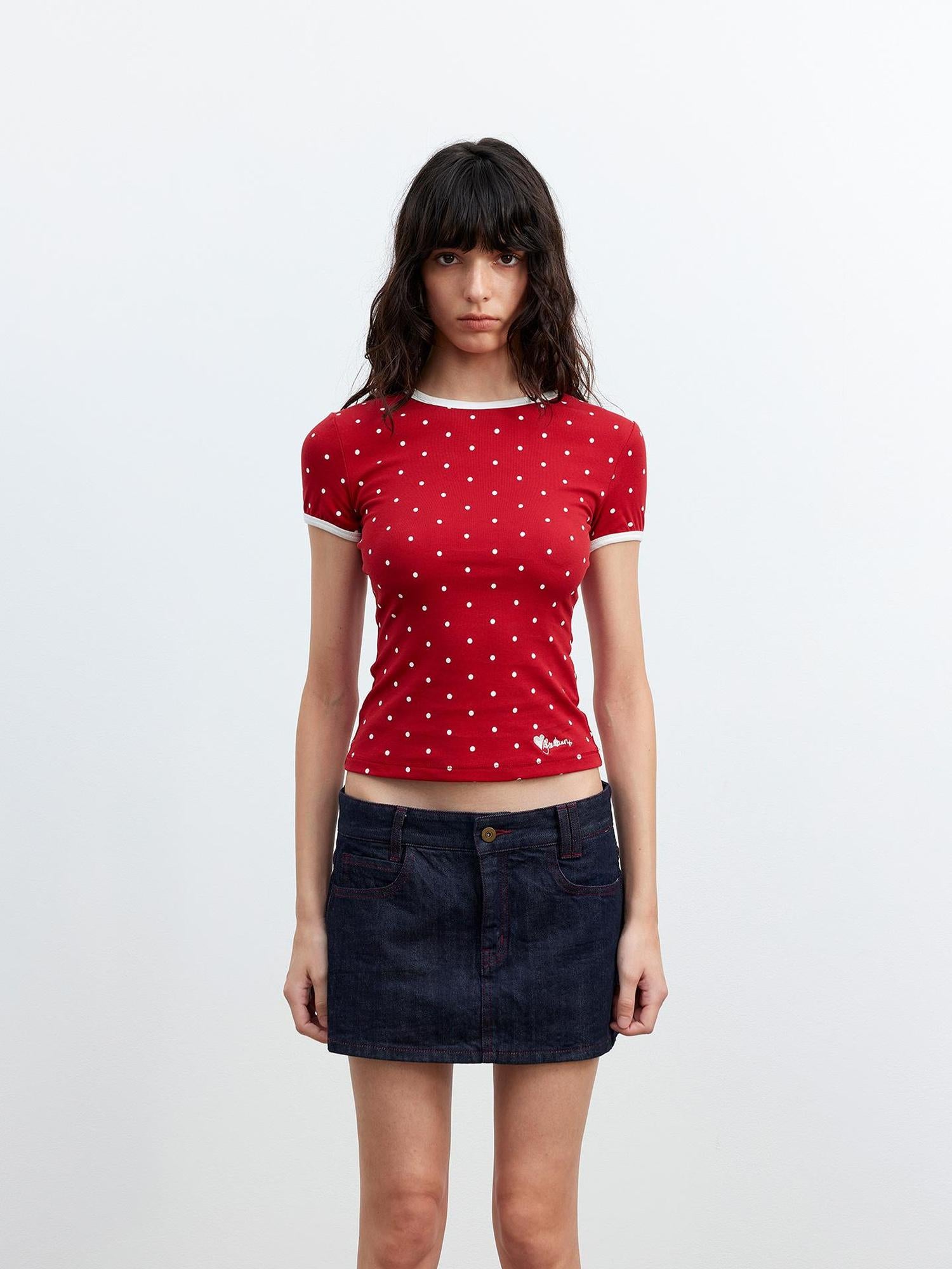 AFTADAWN Stretch Cotton Contrast Dot Round Neck Fitted Tee