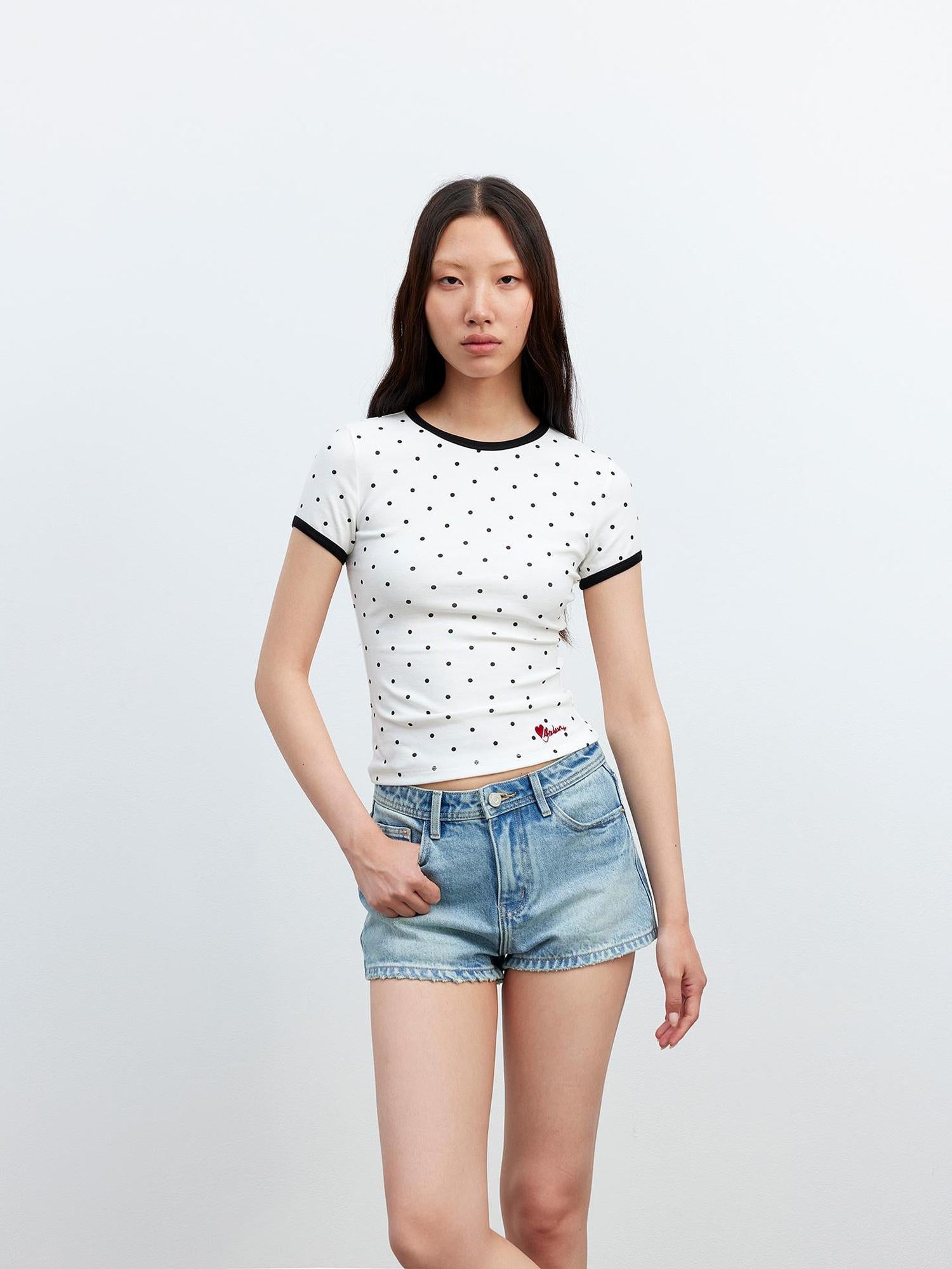 AFTADAWN Stretch Cotton Contrast Dot Round Neck Fitted Tee