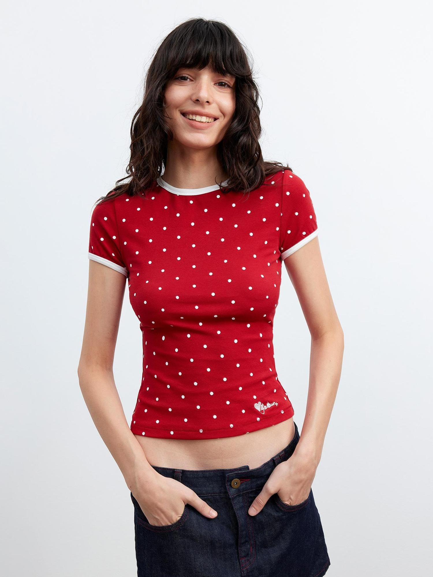 AFTADAWN Stretch Cotton Contrast Dot Round Neck Fitted Tee