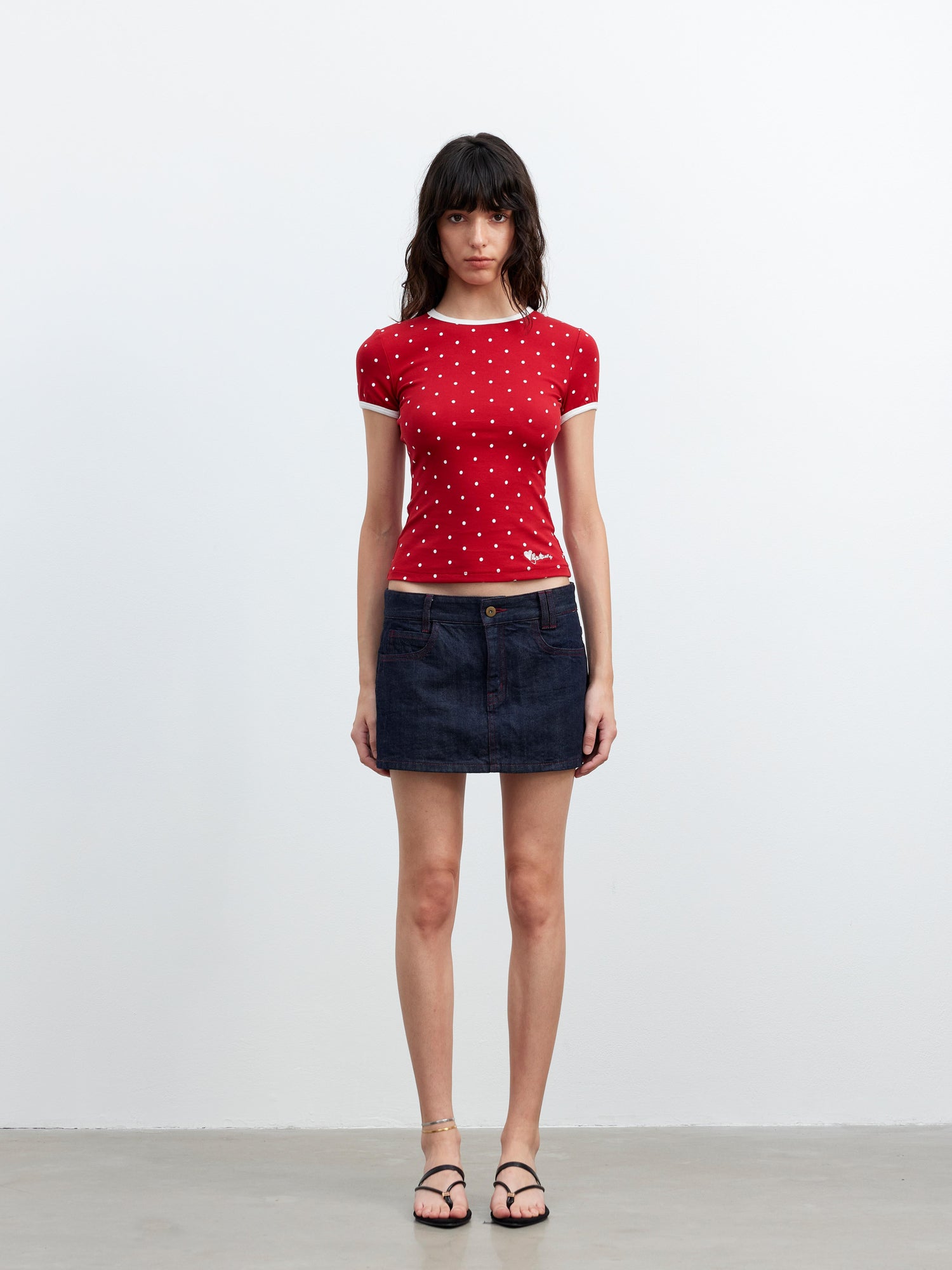 AFTADAWN Stretch Cotton Contrast Dot Round Neck Fitted Tee