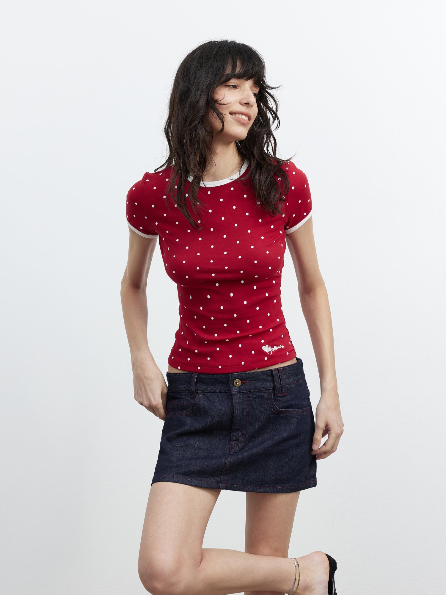 AFTADAWN Stretch Cotton Contrast Dot Round Neck Fitted Tee