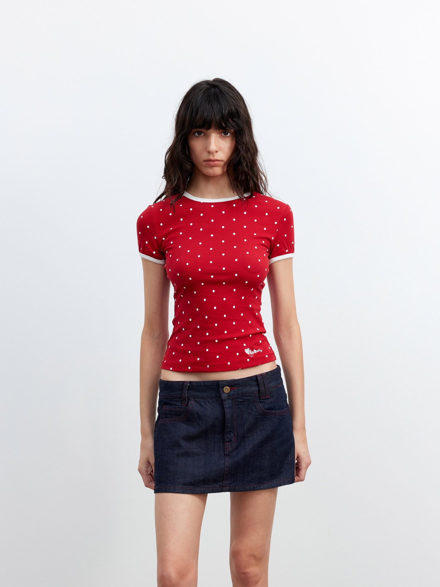 AFTADAWN Stretch Cotton Contrast Dot Round Neck Fitted Tee