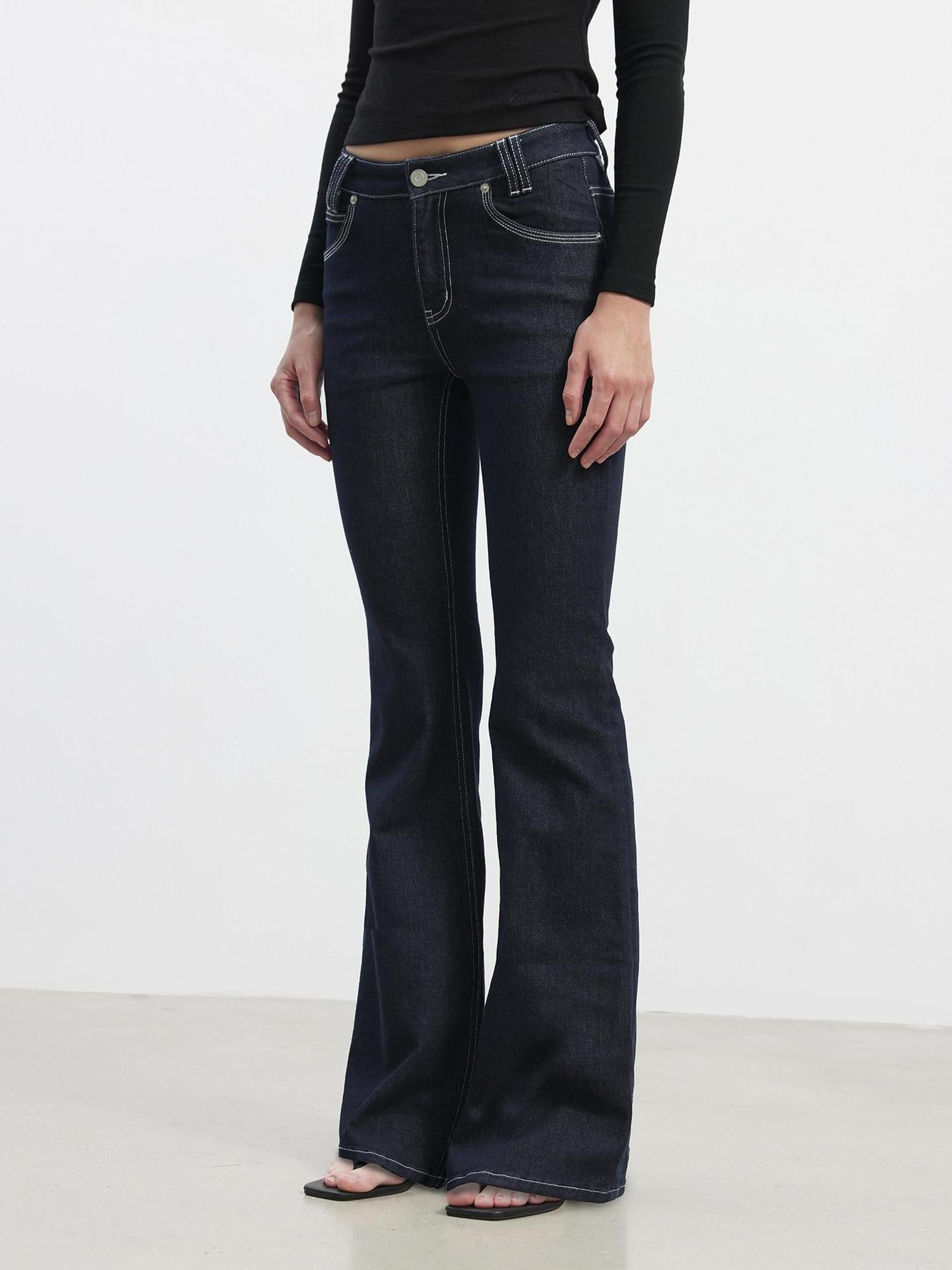 AFTADAWN Stretch Cotton Slim Flare Natural Waist Pockets Everyday Women Dark Blue Jeans