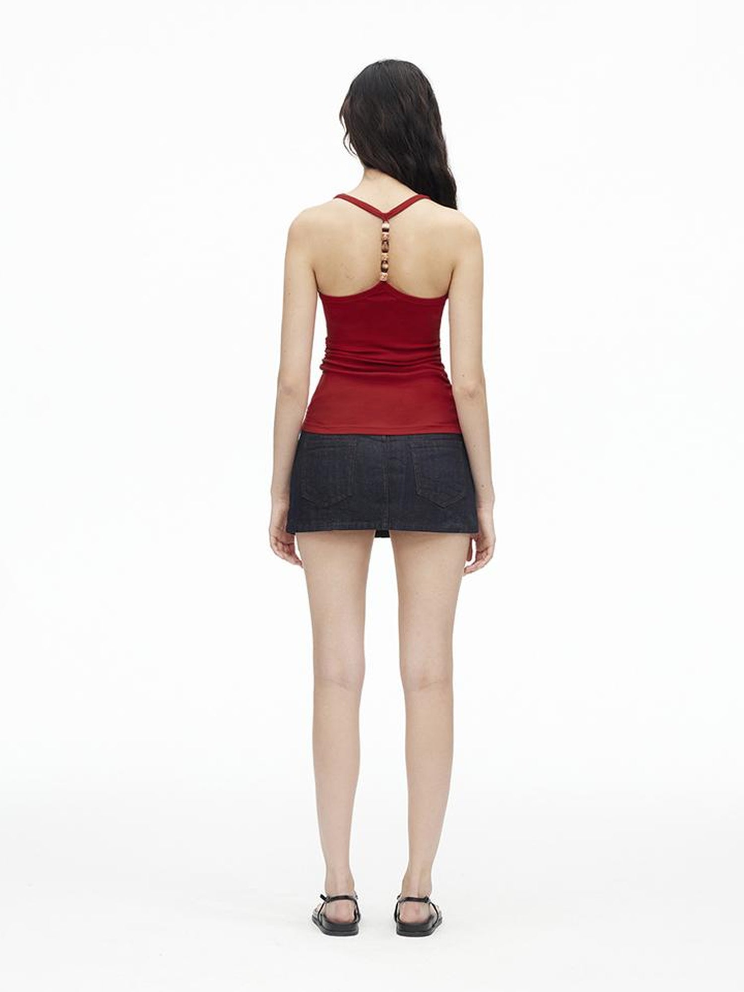 AFTADAWN Stretch Pearl Detail Back Ruffle U Neck Camisole