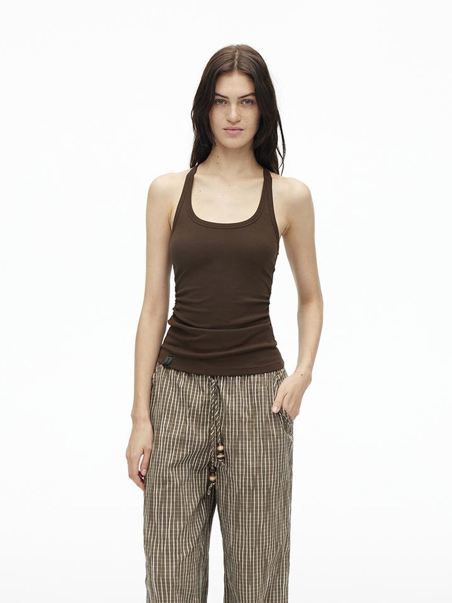 AFTADAWN Stretch Pearl Detail Back Ruffle U Neck Camisole