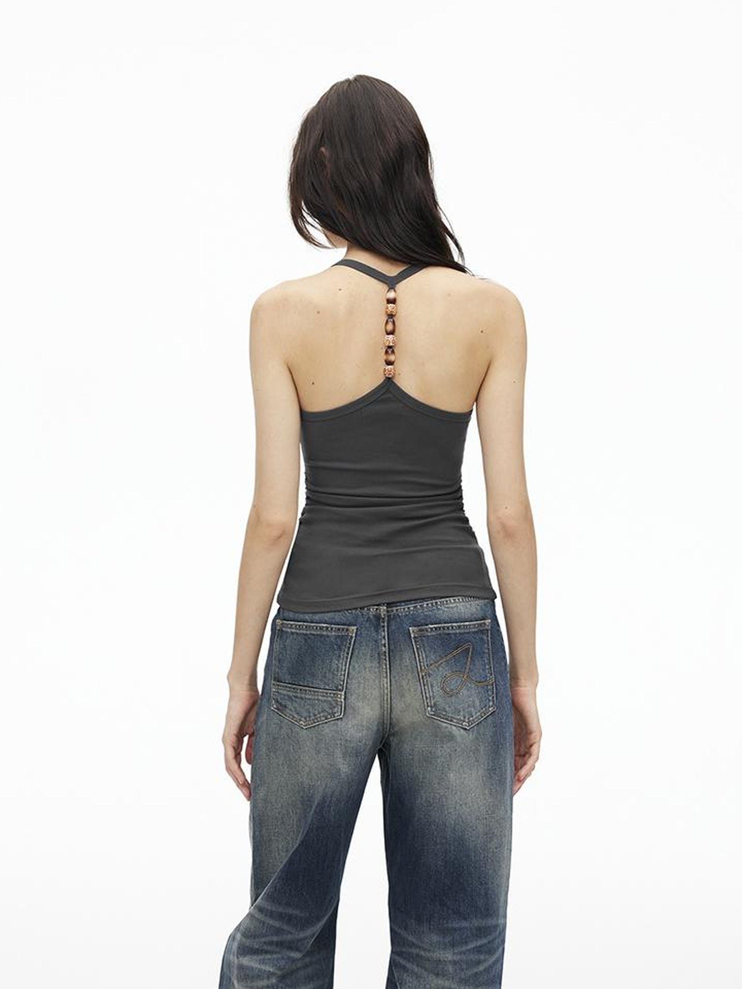 AFTADAWN Stretch Pearl Detail Back Ruffle U Neck Camisole