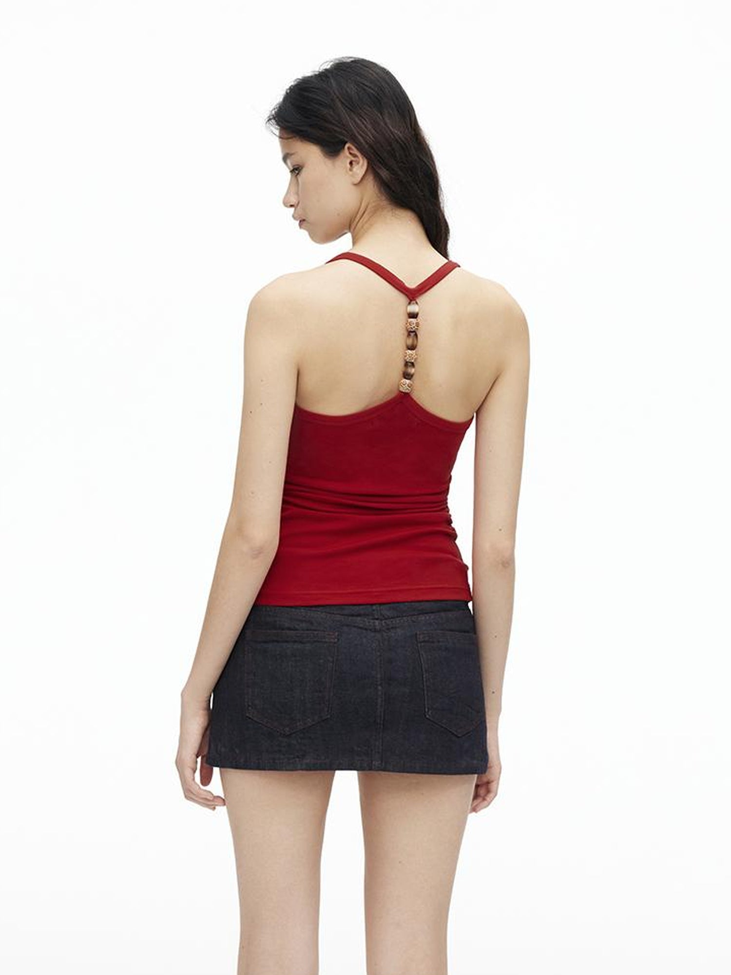 AFTADAWN Stretch Pearl Detail Back Ruffle U Neck Camisole